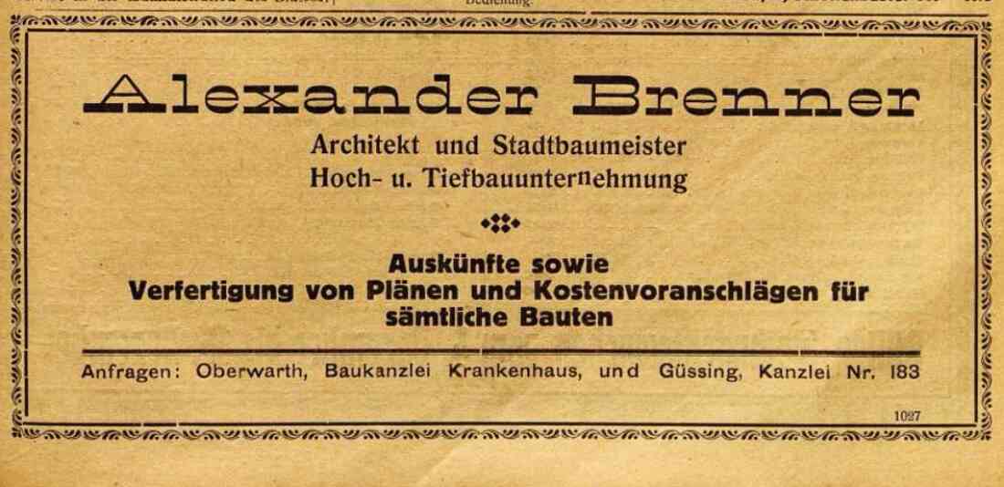 Anzeige von Architekt und Stadtbaumeister, Hoch- und tiefbauunternehmer Alexander Brenner in der Oberwarther Sonntagszeitung vom 5. Dezember 1926