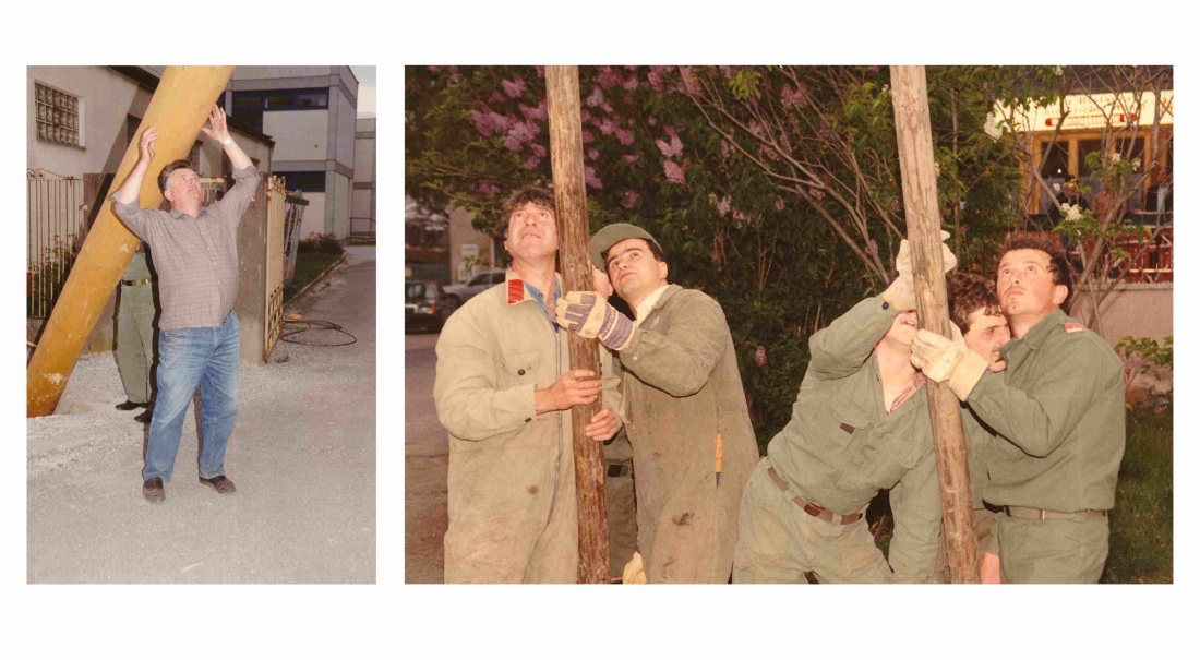 Feuerwehr: Maibaum-Aufstellen unter der gewissenhaften Anleitung von Karl Toth - Szabo/Zambo/Mohat