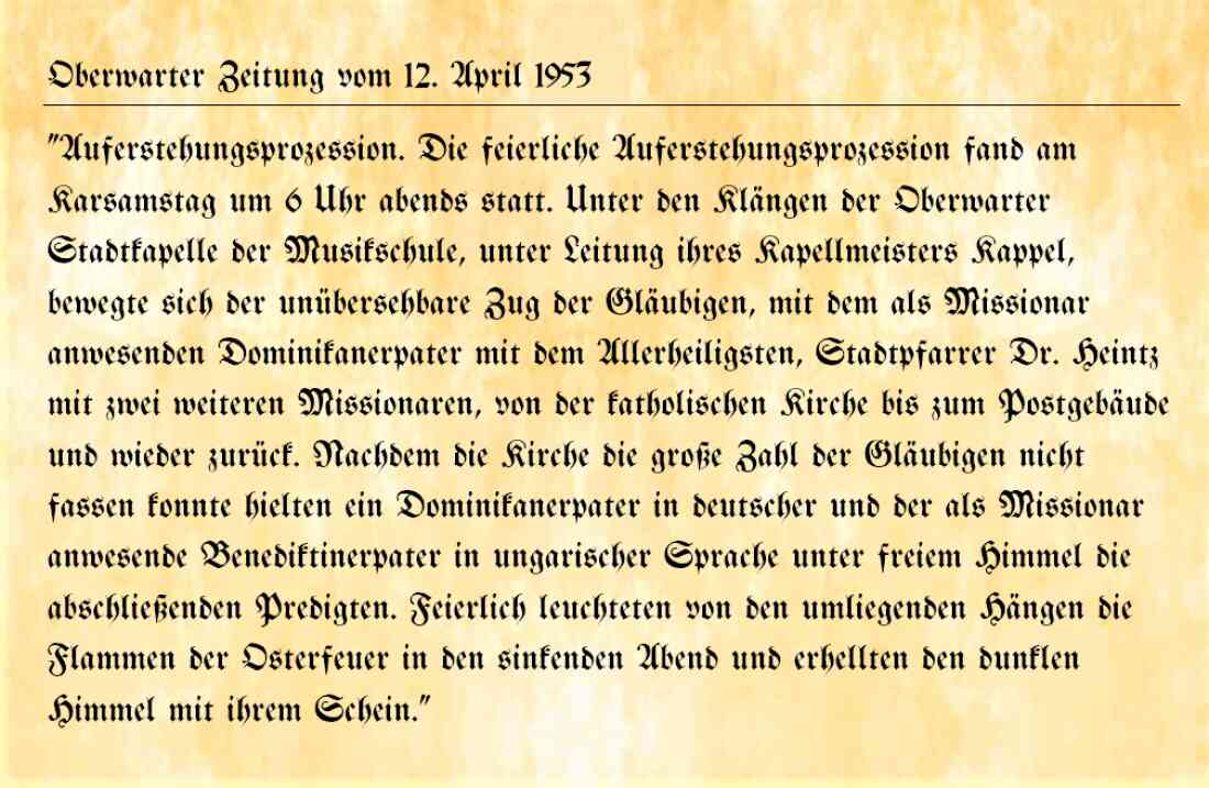 Röm. kath. Pfarre / Stadtkapelle: Bericht über die Auferstehungsprozession in der Oberwarter Zeitung vom 12. April 1953