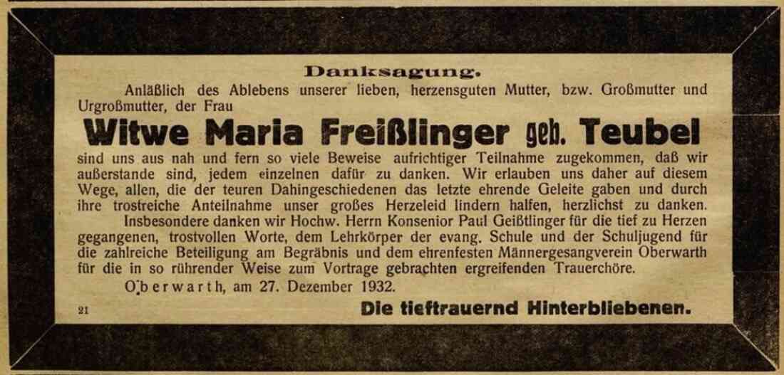 Danksagung anlässlich des Ablebens von Maria Freißlinger (oft auch Freisslinger oder Freiszlinger) in der Oberwarther Sonntagszeitung vom 1. Jänner 1933