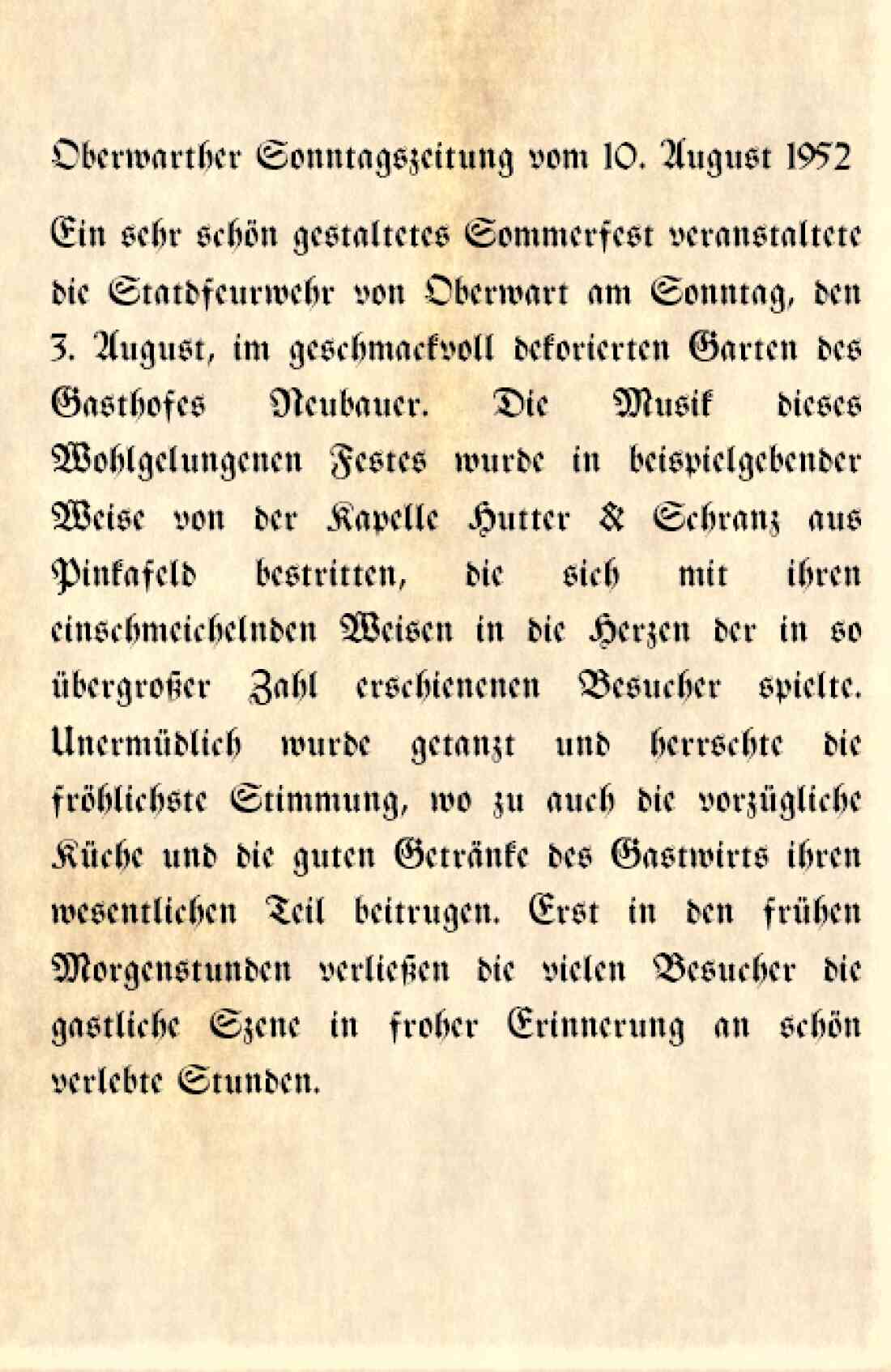 Artikel in der Oberwarter Zeitung: Sommerfest der Stadtfeuerwehr im Gasthof Neubauer (Wienerstraße 35)