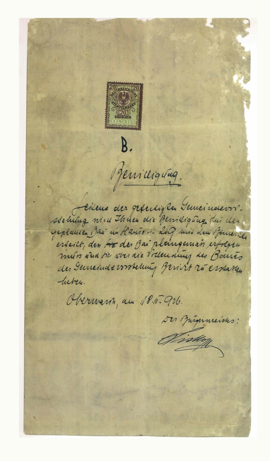 Bewilligung für den Bau eines Magazinschuppens für die Tischlerei Johann Pfeiler - OW 209 / Johann Straußgasse 10