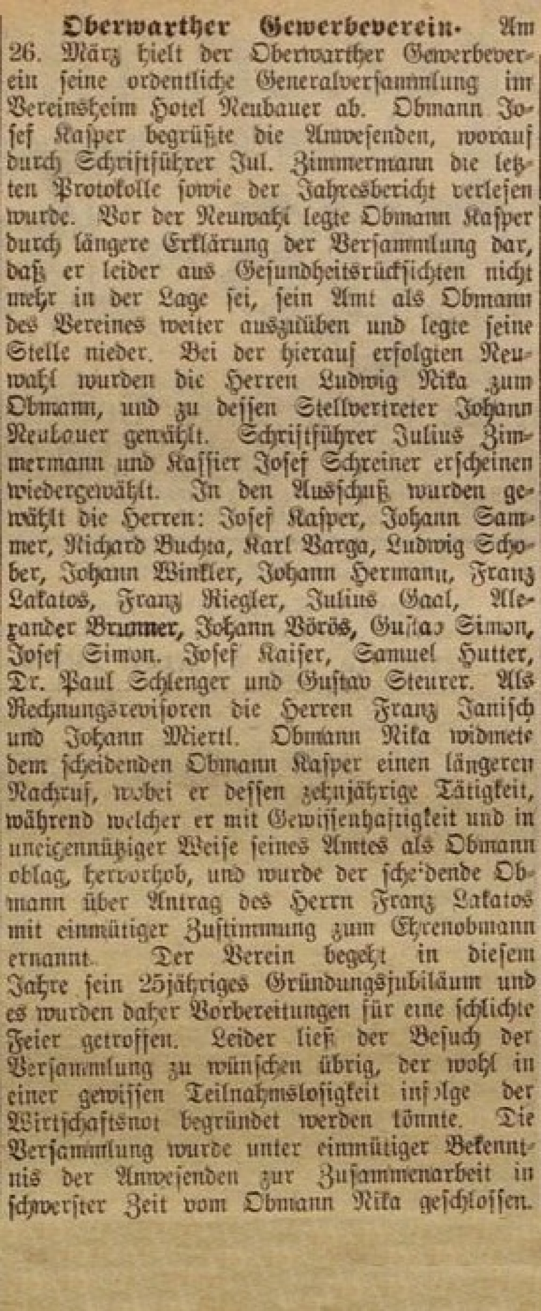 Oberwarther = Sonntagszeitung vom 2. April 1933: Bericht über die Generalversammlung des Gewerbevereins