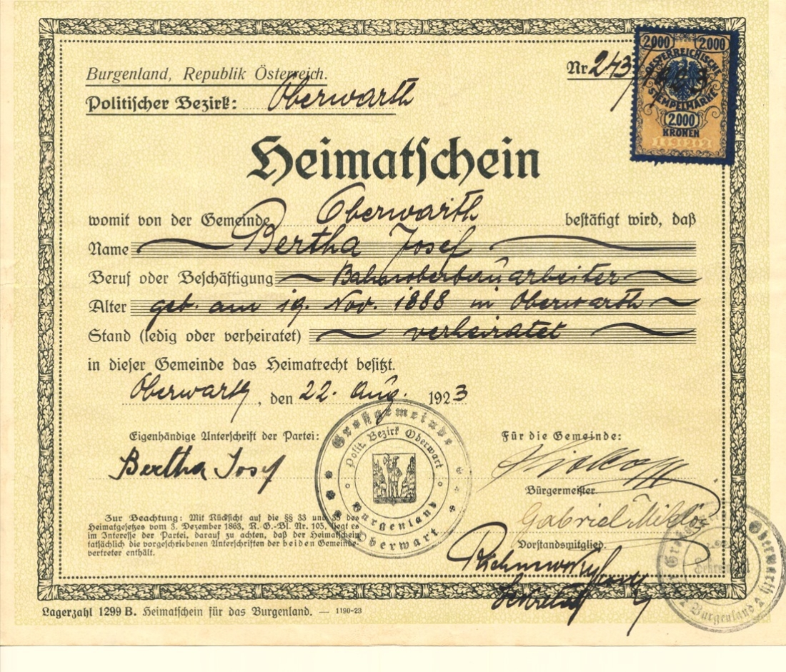 Heimatschein von Bahnoberbauarbeiter Josef / Jozsef Bertha (*1888/+1978), OW 33 / Platanengasse 3 - ausgestellt von der Großgemeinde Oberwart