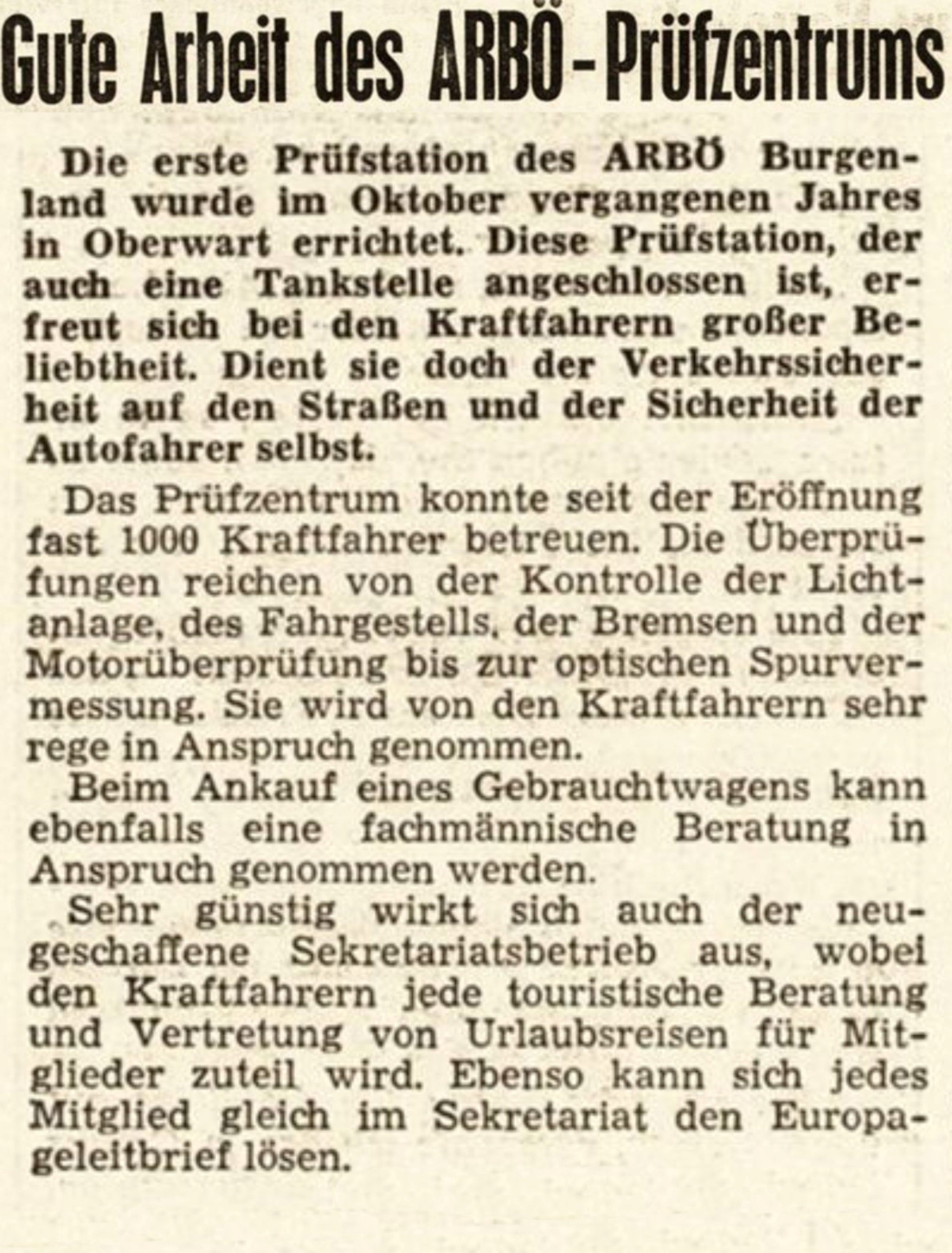 Bericht in der BF vom 7. April 1967: Gute Arbeit des ARBÖ-Prüfzentrums (Anm.: Grazerstraße 87)