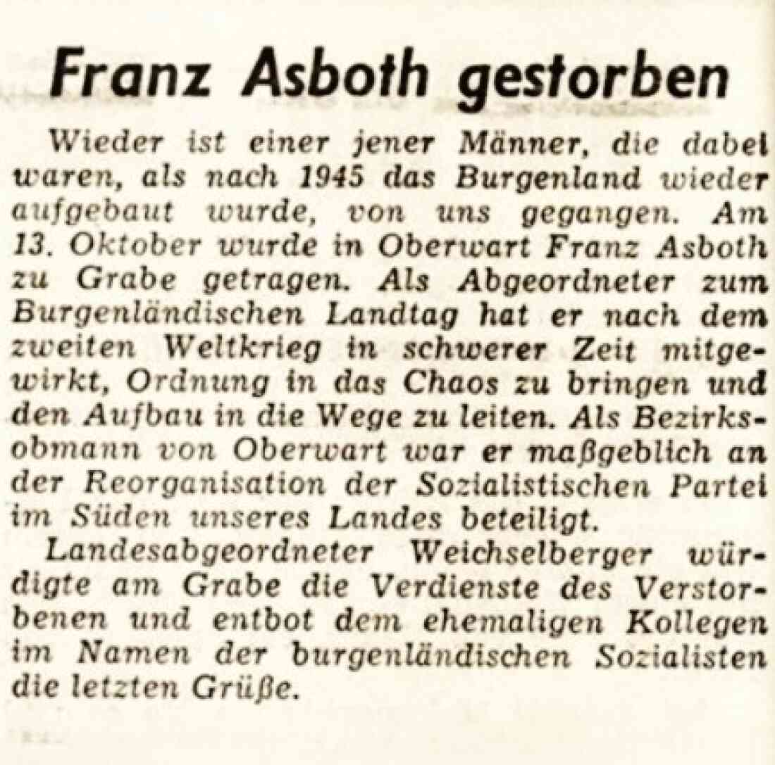 Kurzer Bericht zum Ableben von Franz Asboth (*1902/+1967) in der BF vom 20. Dezember 1967