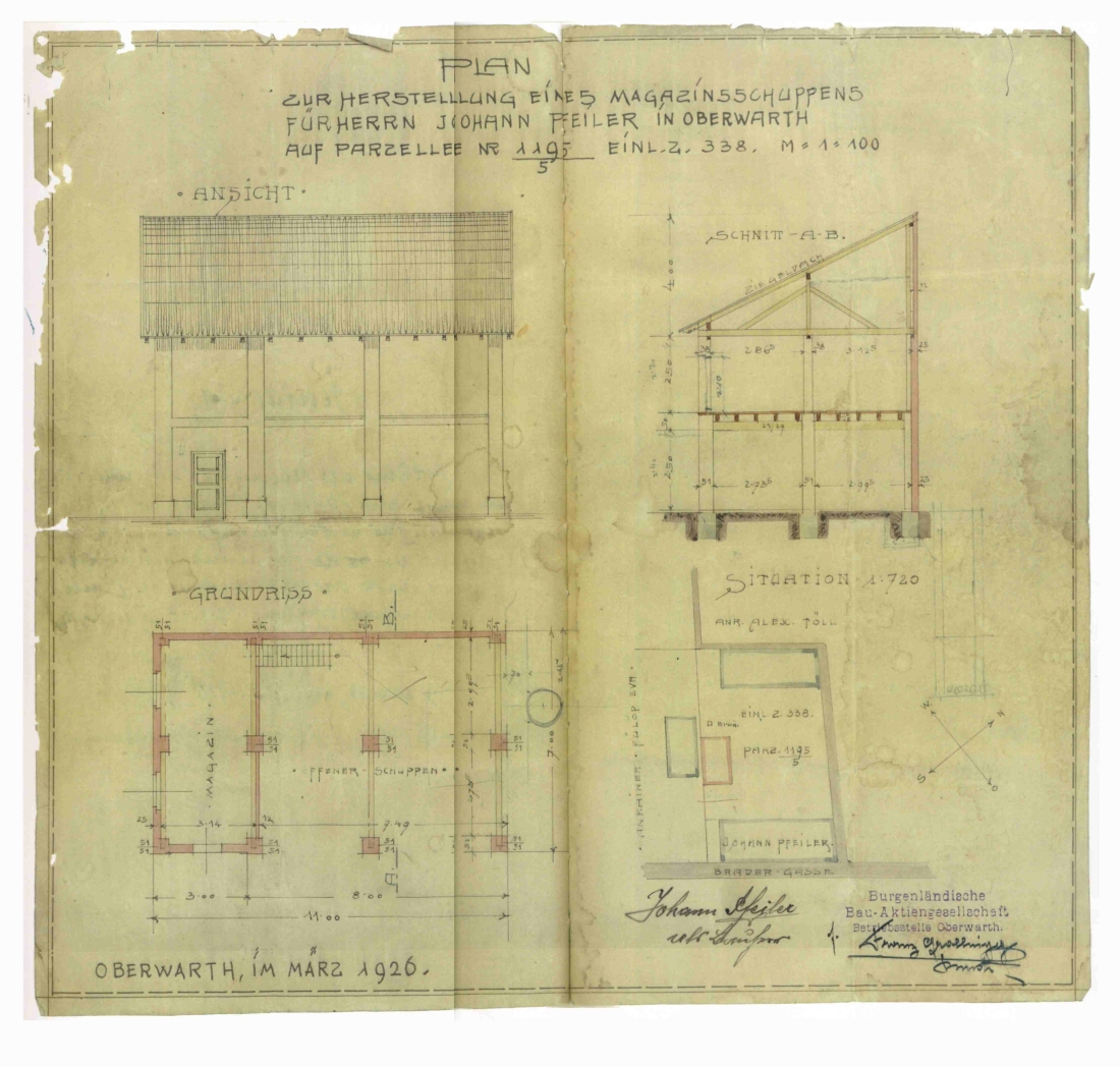 Plan für einen Magazinschuppen der Tischlerei Johann Pfeiler - OW 209 / Johann Straußgasse 10