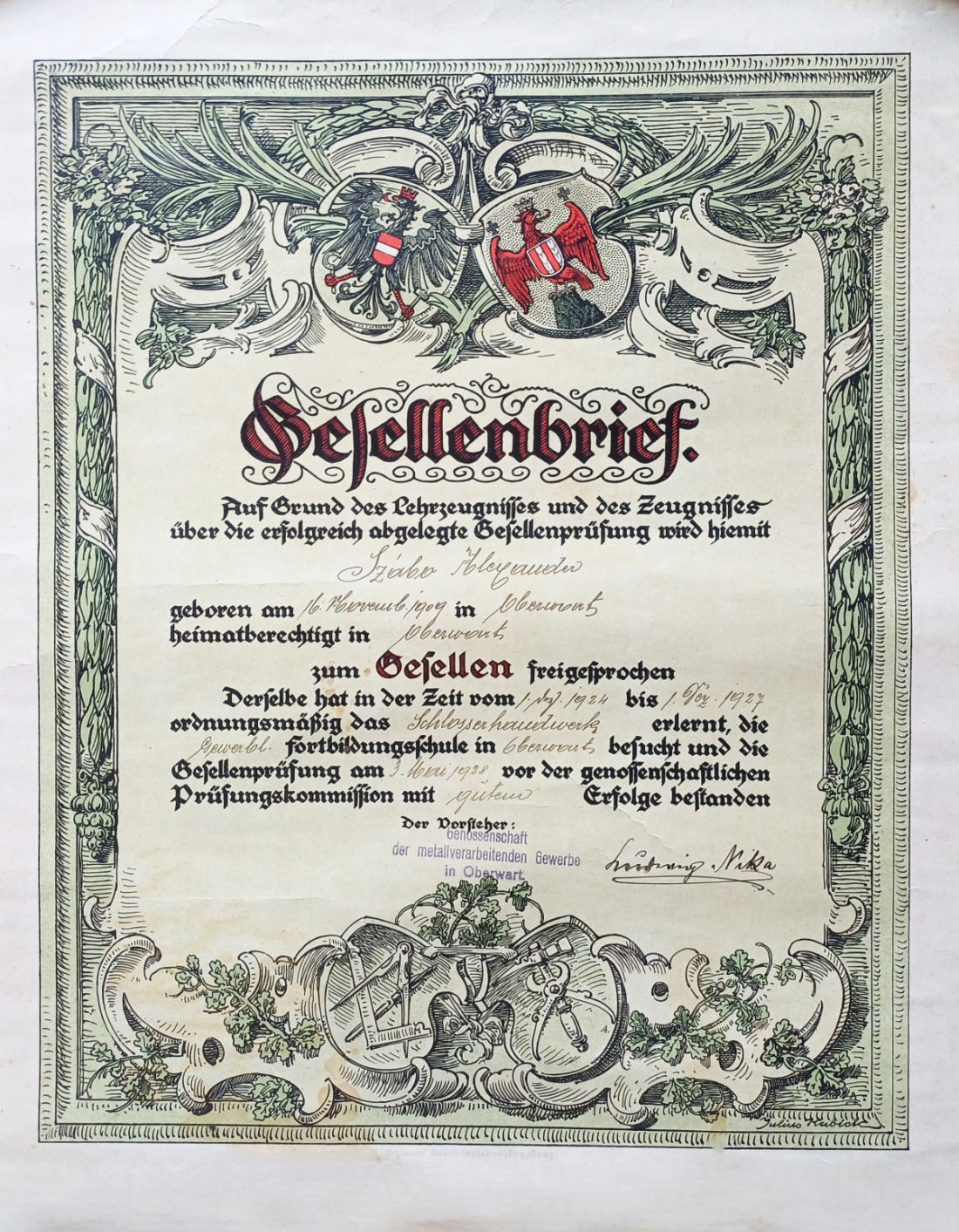 Gesellenbrief von Alexander Szabo (*1909/+1945) - OW 137 / Ganghofergasse 10