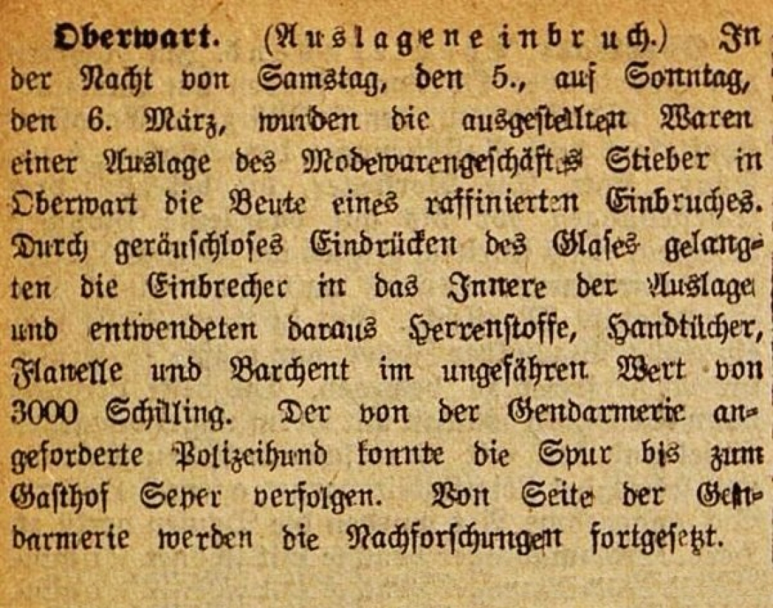 Oberwarter Zeitung vom 20. März 1949: Auslageneinbruch im Modewarengeschäft Stieber