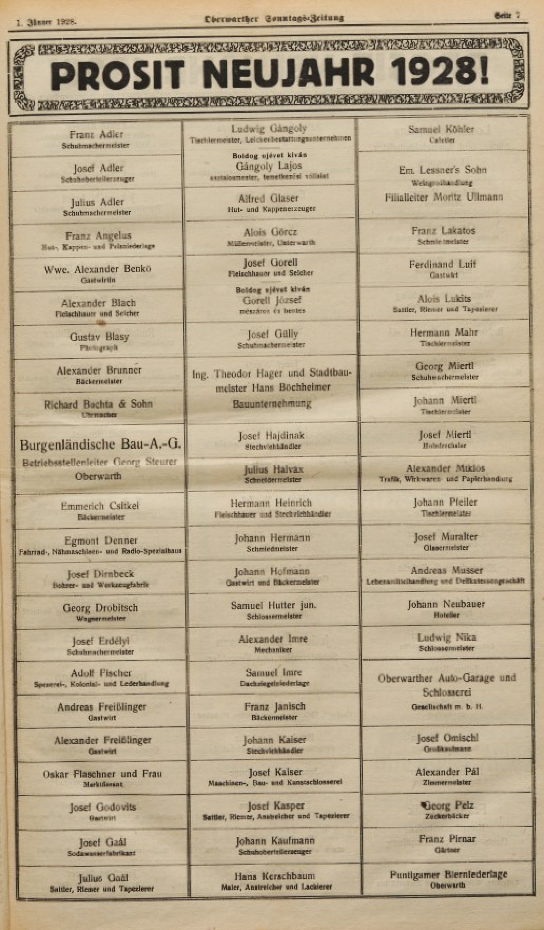 Neujahrswünsche von Oberwarther Firmen in der Oberwarther Sonntags = Zeitung vom 1. Jänner 1928 - 1