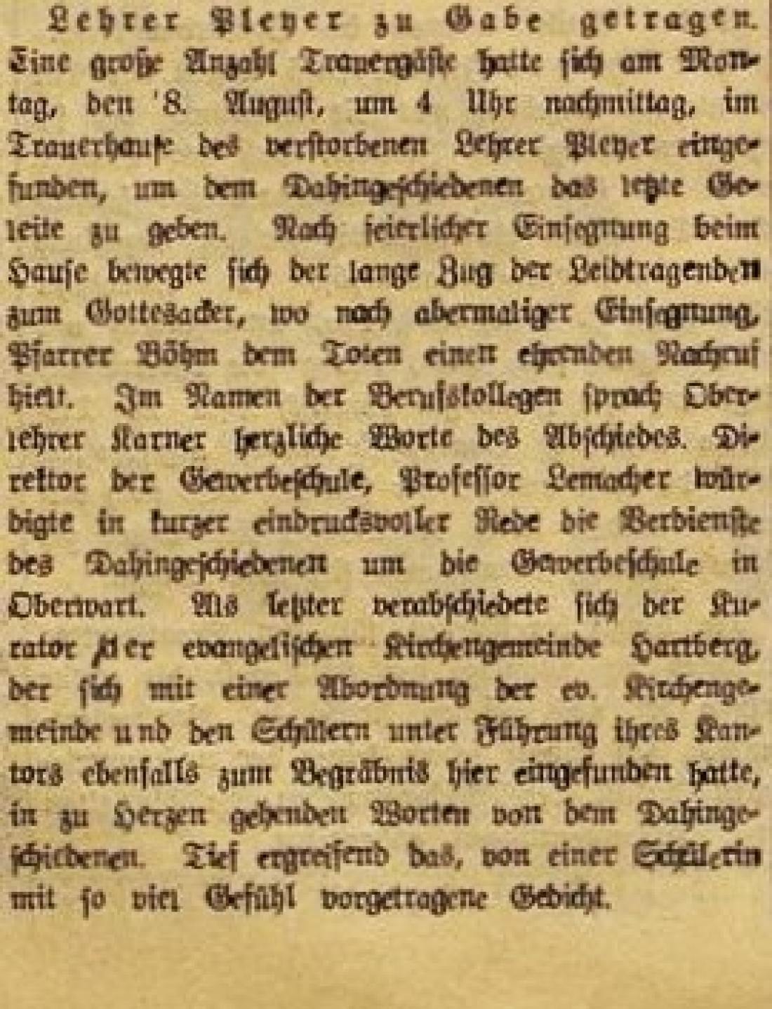 Oberwarter Zeitung vom 14. Augsut 1949: Lehrer Josef Pleyer (*1896/+1949) zu Grabe getragen