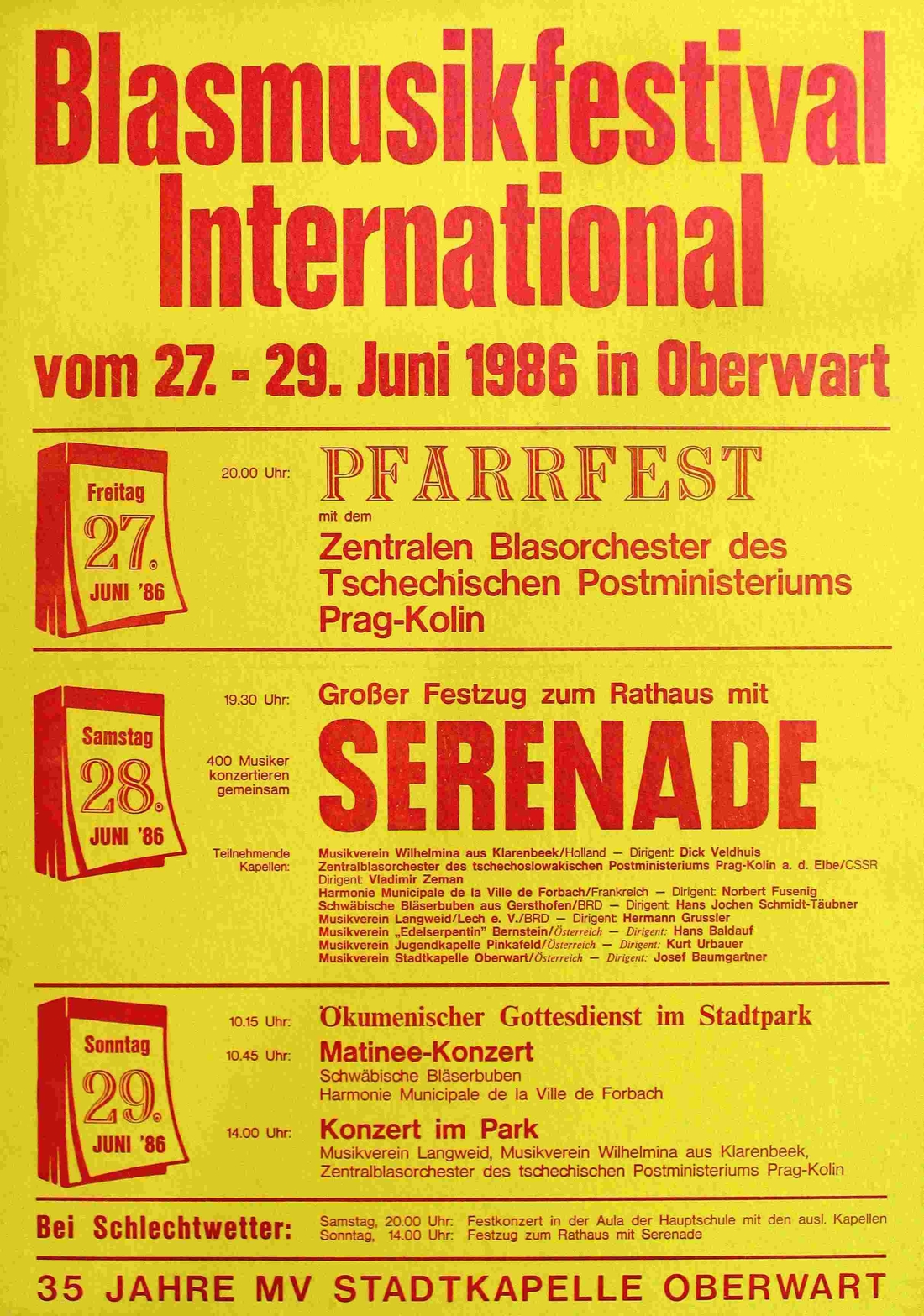 Stadtkapelle: Plakat zum "Blasmusikfest International 1986" vom 27. bis 29. Juni 1986