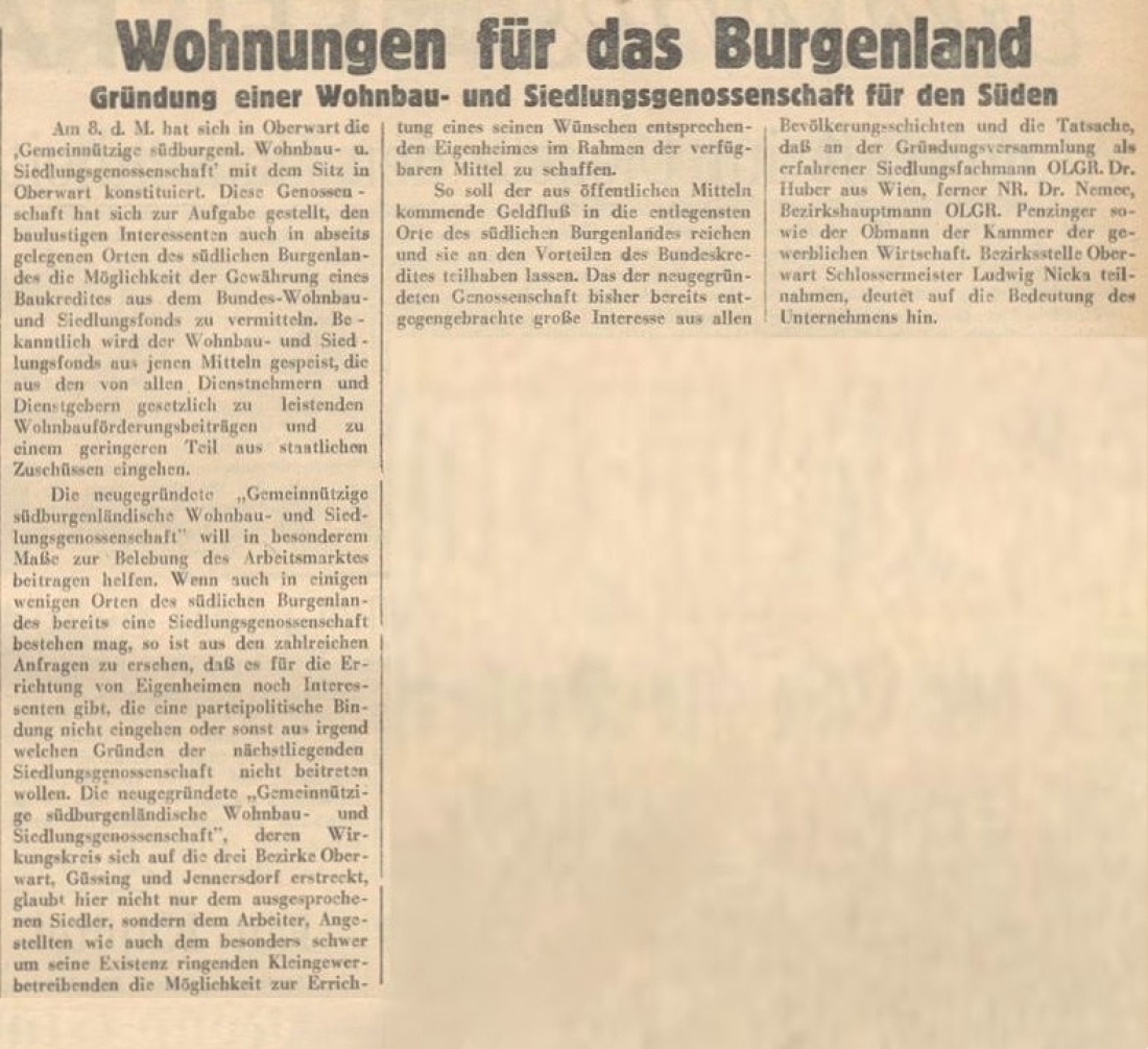 Burgenländisches Volksblattt vom 22. November 1952: Gründung einer Wohnbau- und Siedlungsgenossenschaft für den Süden