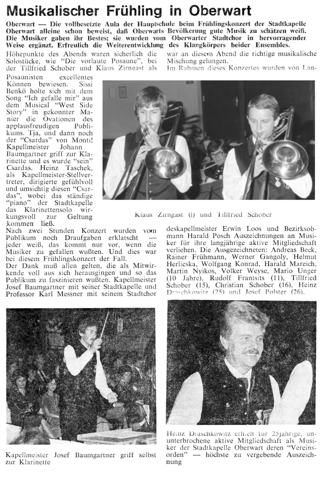 Stadtkapelle: Artikel mit dem Titel "Musikalischer Frühling" anlässlich des Frühlingskonzerts 1984 - Zirngast/Schober/Baumgartner/Draschkowitz