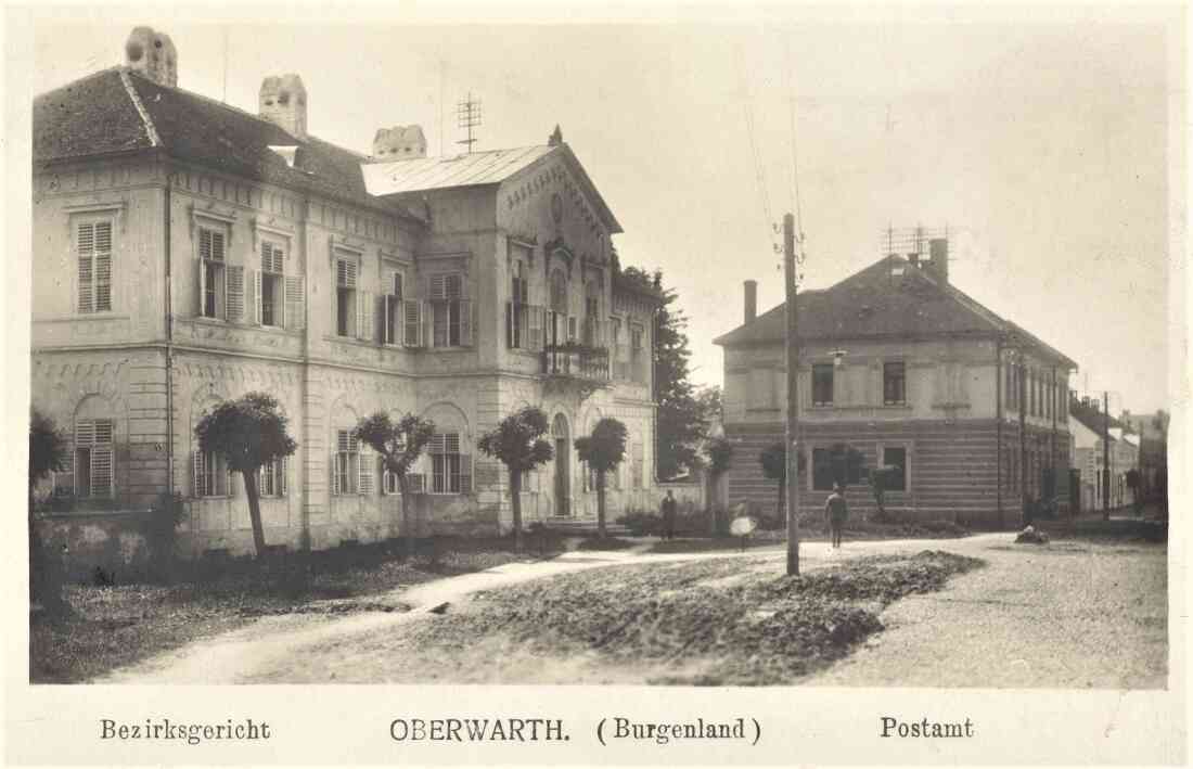 Ansichtskarte: Bezirksgericht - Oberwarth (Burgenland) - Postamt (Hauptplatz 12 und 10)