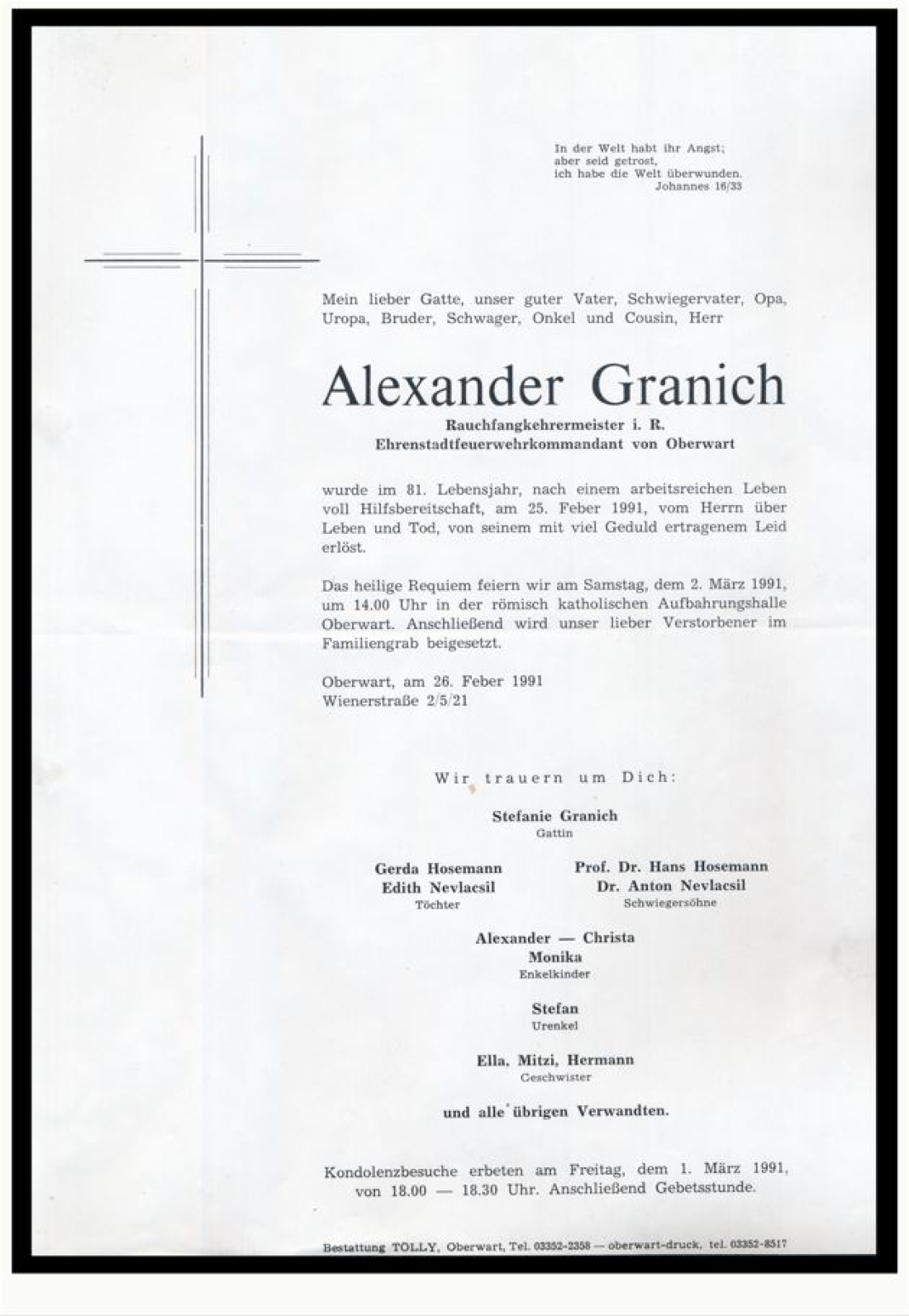 Parte von Alexander Granich (*1910 /+1991) - Rauchfangkehrermeister, Feuerwehrkommandant, Vizebürgermeister  und im Nebenberuf auch Bademeister