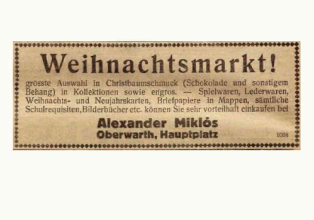 Anzeige der Trafik Alexander Miklos (Hauptplatz 7) über einen Weihnachtsmarkt in der Oberwarther Sonntagszeitung vom 19. Dezember 1926