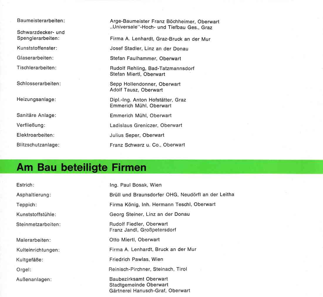 Liste der am Bau der röm. kath. Osterkirche beteiligten Firmen