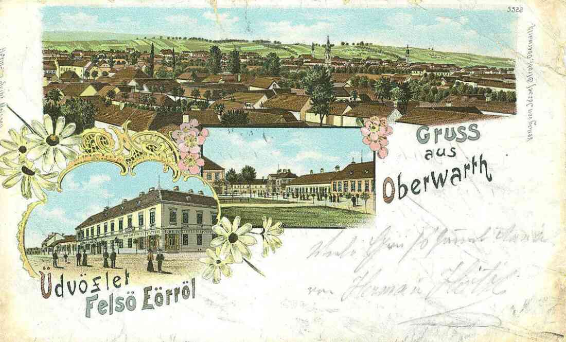 Ansichtskarte: "Üdvözlet Felsö Eörröl" / "Gruss aus Oberwarth" mit Gesamtansicht, Geschäft Löwy und Hauptplatz