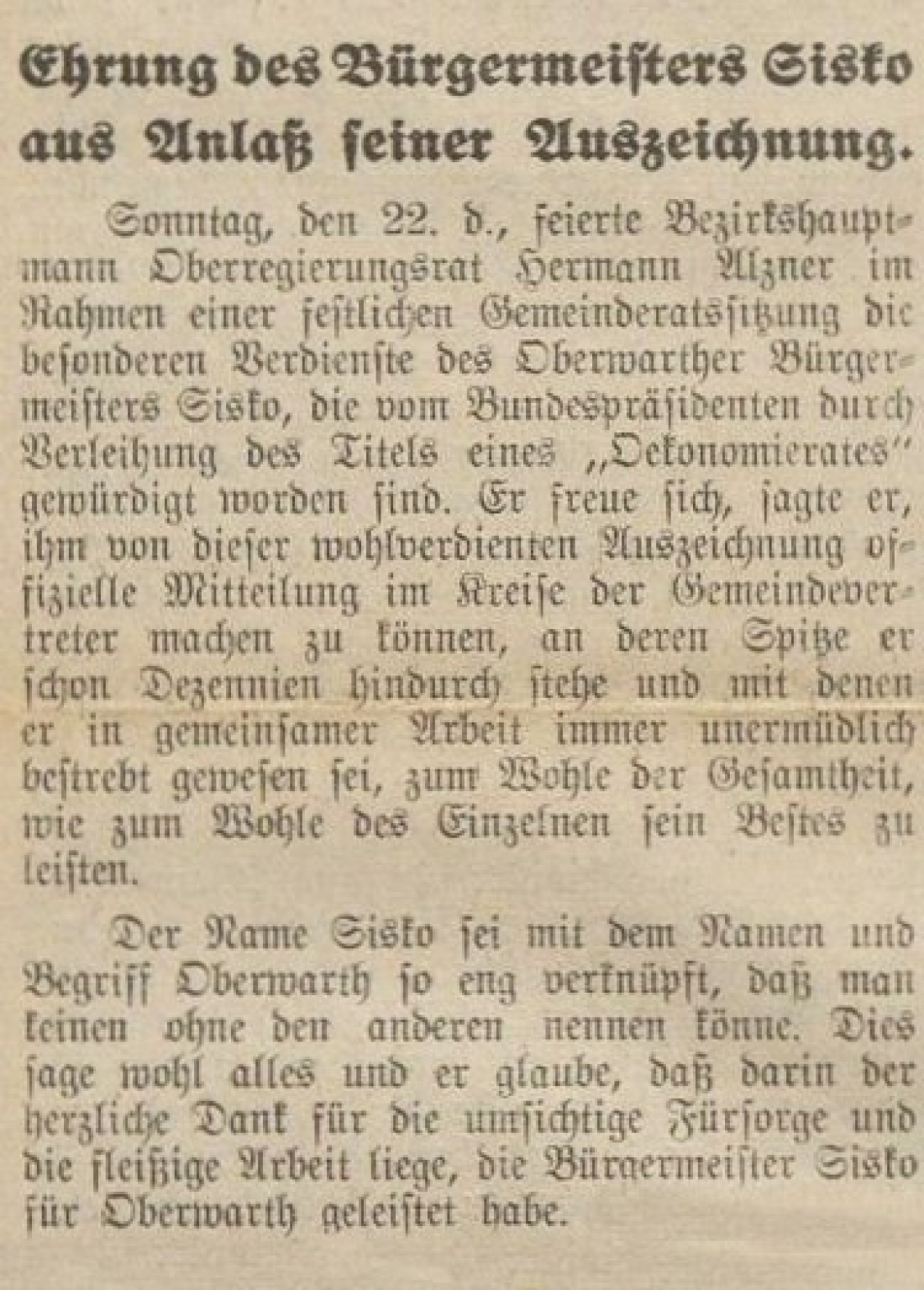 Oberwarther Sonntags = Zeitung vom 29. September 1929: Ehrung von Bgm. Sisko aus Anlaß seiner Auszeichnung