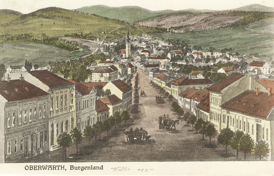 Kolorierte Ansichtskarte: Blick über die damalige obere Hauptstraße (Wienertraße) gegen den Hauptplatz in Richtung SO