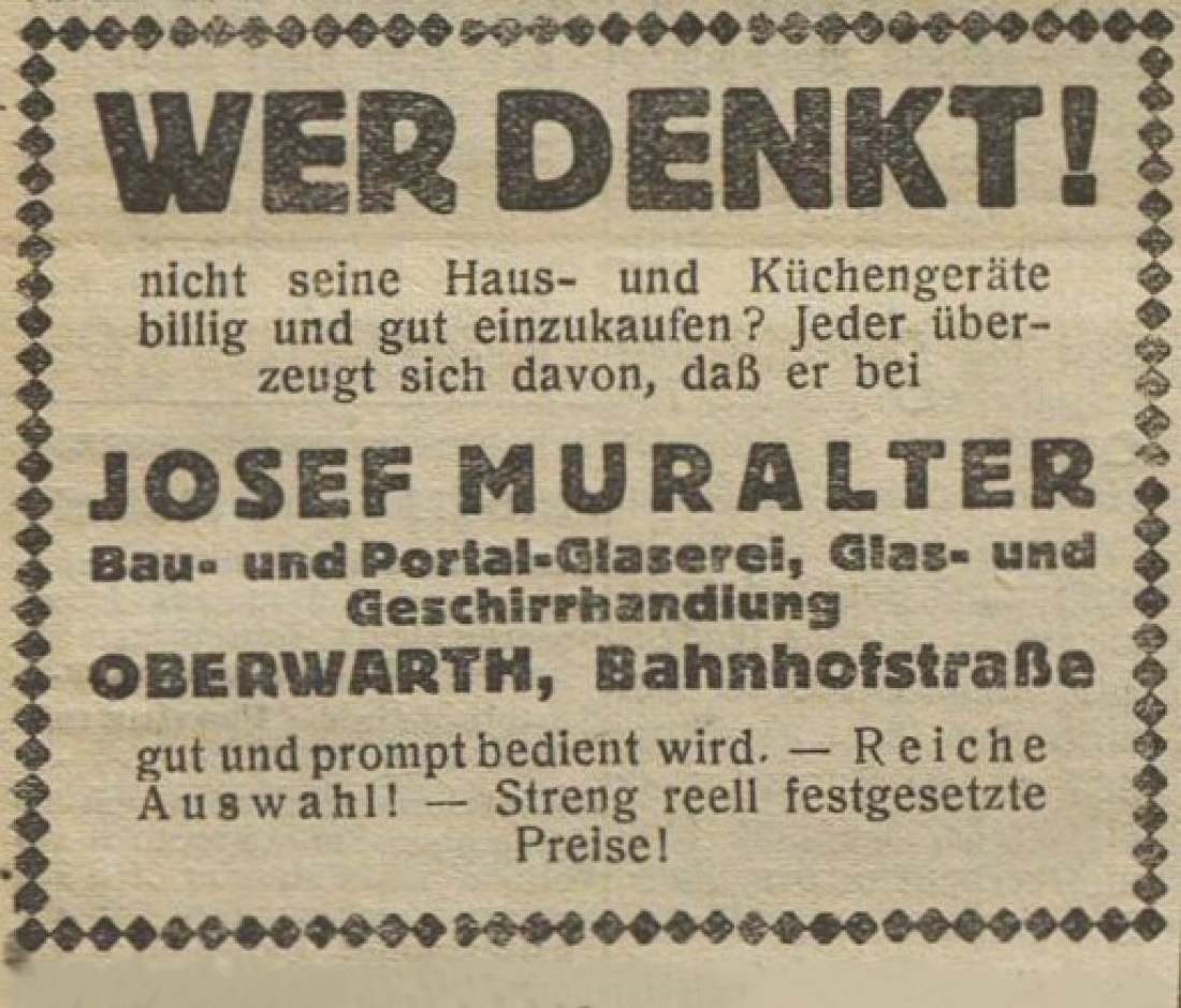 Werbeeinschaltung in der Oberwarther = Sonntagszeitung vom 16. Jänner 1927: Bau- und Portalglaserei, Glas- und Geschirrhandlung Josef Muralter