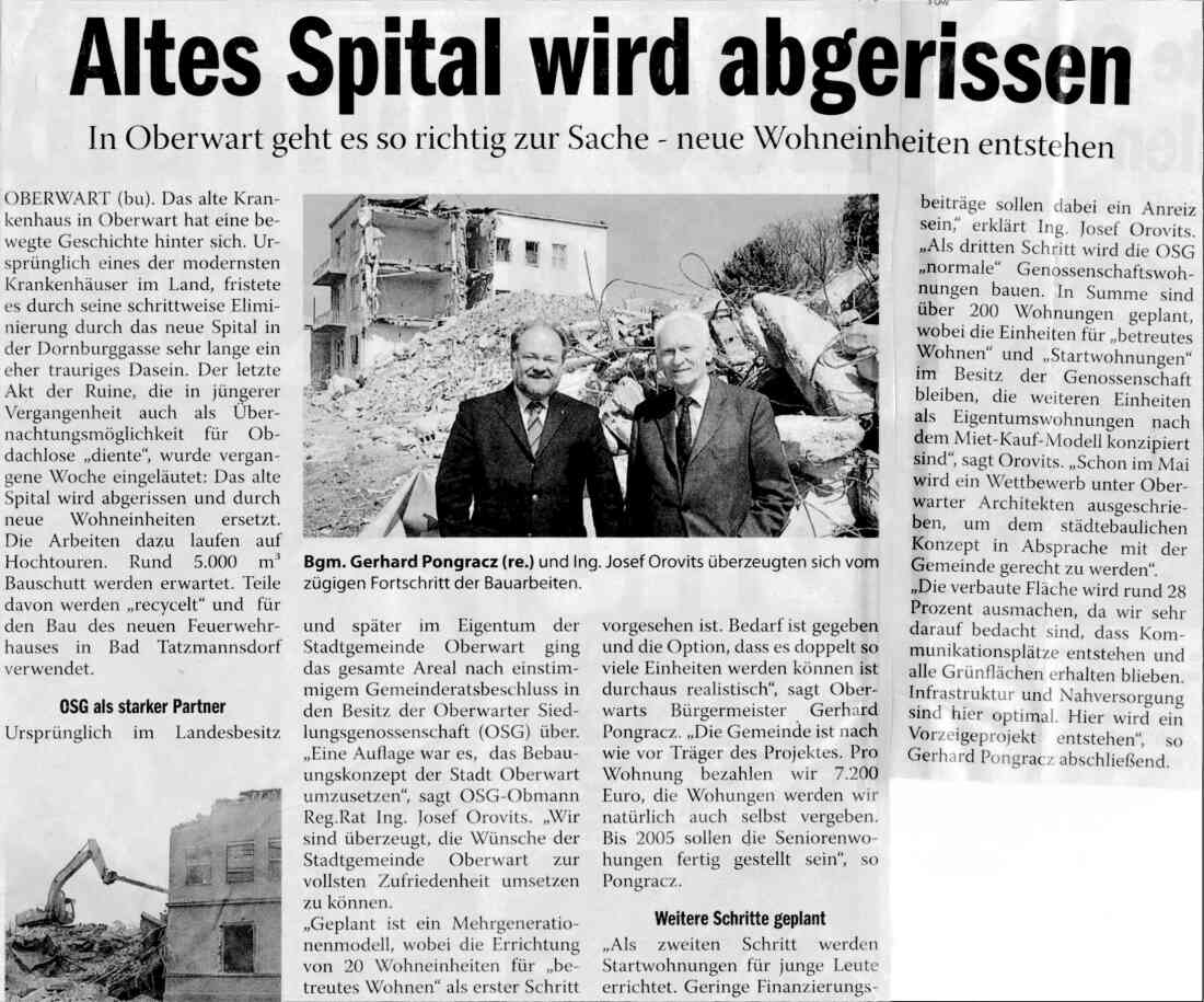 Artikel vom 21. April 2004 in der BRO zum Abriss des Alten Krankenhauses