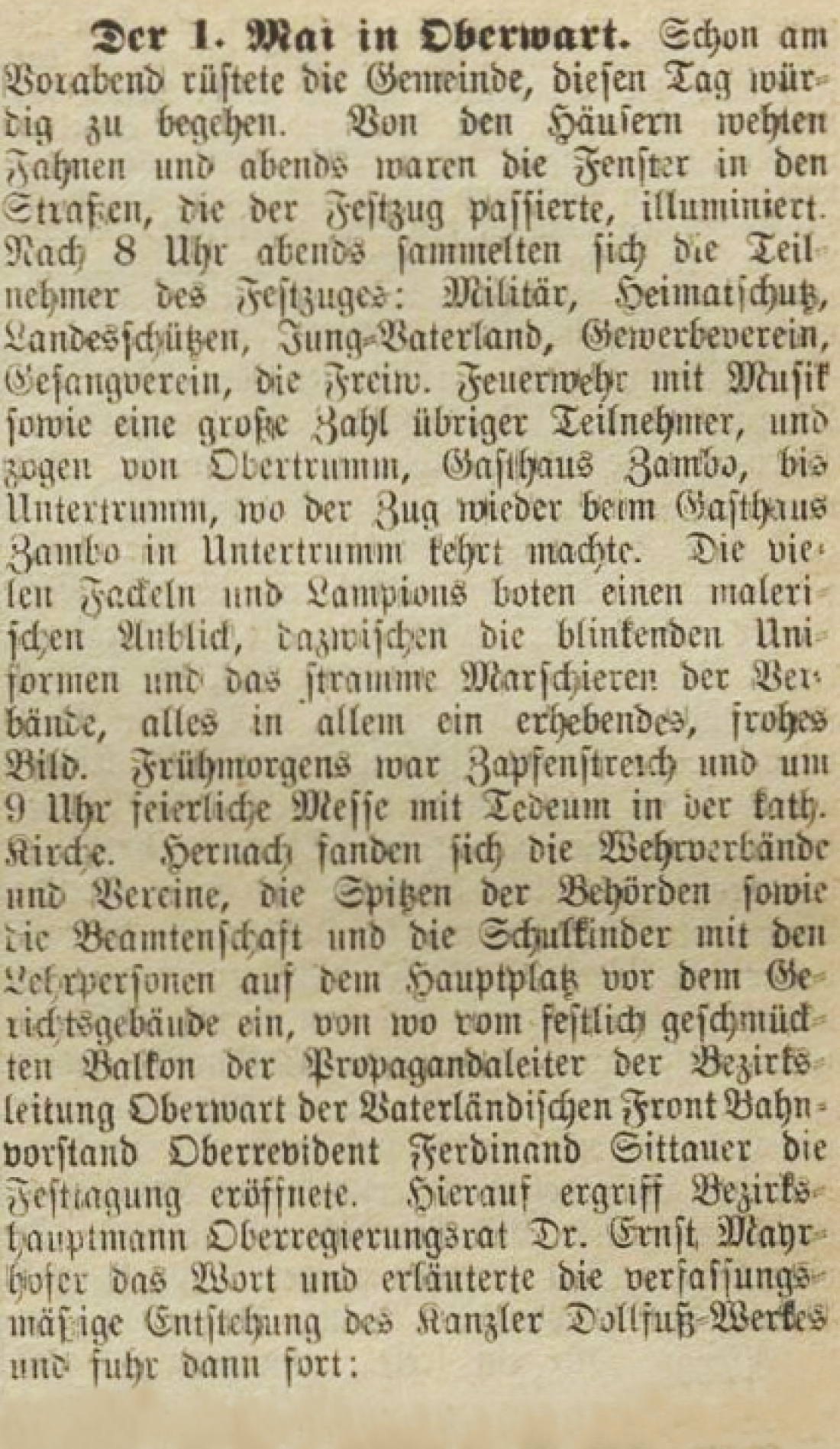 Oberwarther = Sonntagszeitung vom 5. Mai 1935: Feierlichkeiten zum 1. Mai im Ständestaat
