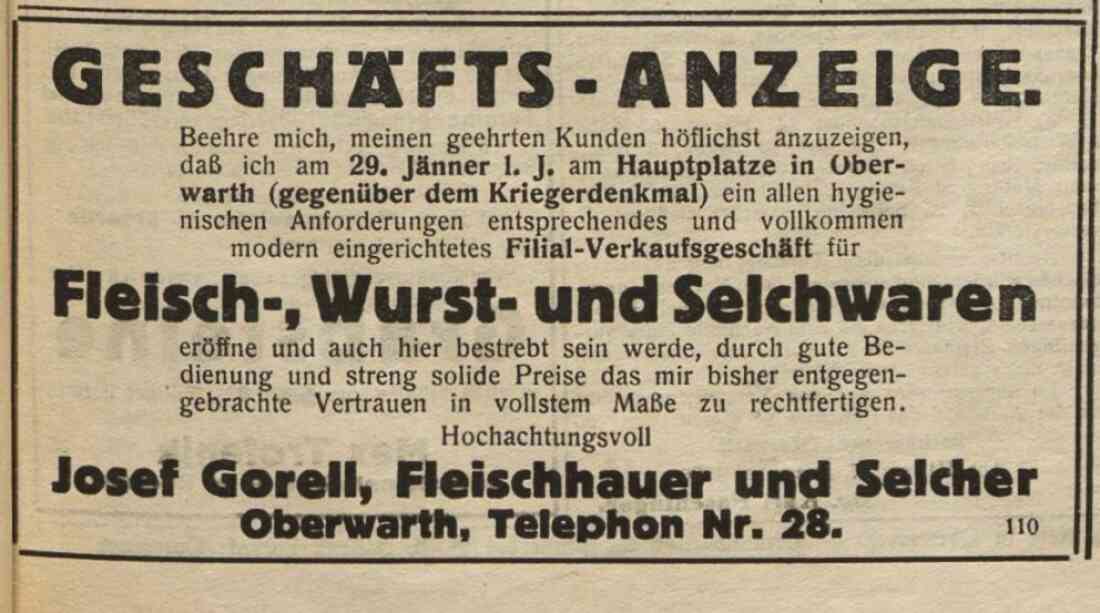 Anzeige der Geschäftseröffnung der Fleischerei und Selcherei Josef Gorell an der Adresse OW 150 / Hauptplatz 4 in der Oberwarther Sonntagzeitung vom 23. Jänner 1927