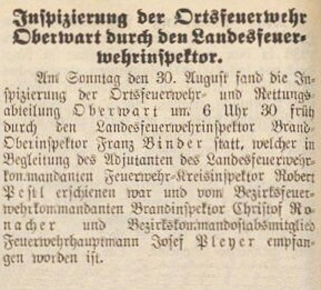 Oberwarther Sonntags-Zeitung vom 6. September 1936: Inspizierung der Ortsfeuerwehr Oberwart durch den Landesfeuerwehrinspektor