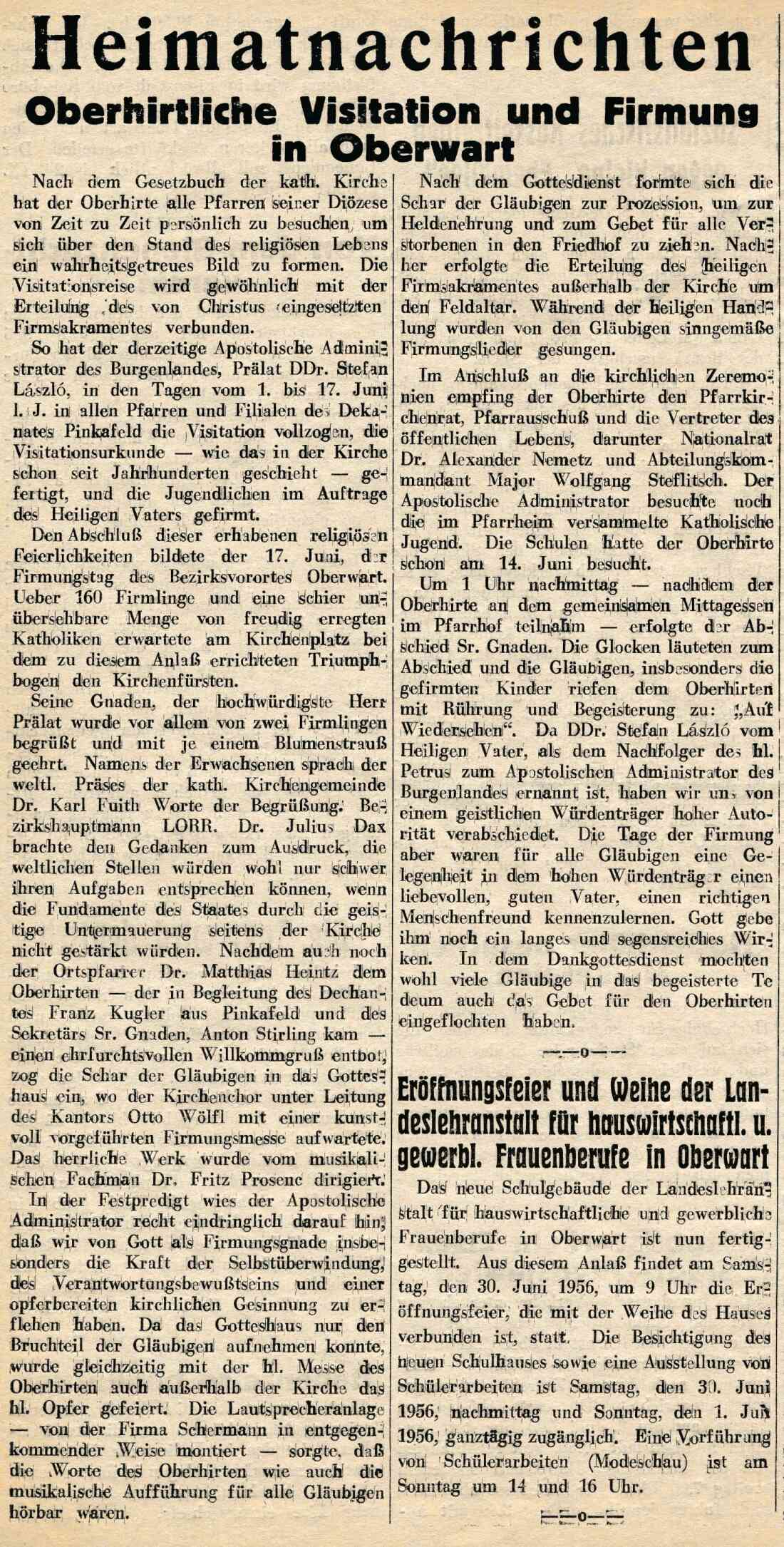 Bericht über die "Oberhirtliche Visitation und Firmung" sowie die "Eröffnungsfeier und Weihe der Landeslehranstalt für hauswirtschaftliche und gewerbliche Frauenberufe" in der Oberwarter Zeitung (später OZ)