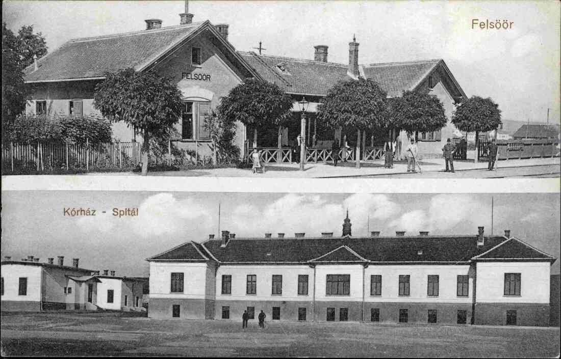 Ansichtskarte: "Felsöör Kórház - Spital" (Bahnhof und Krankenhaus)