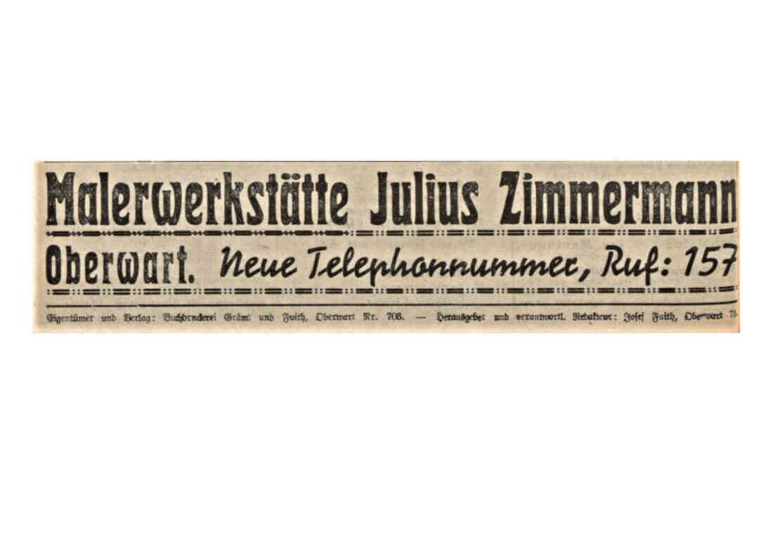 Malerwerkstätte Julius Zimmermann: Bekanntgabe der neuen Telefonnummer in der Oberwarter Zeitung vom 27. Juli 1952