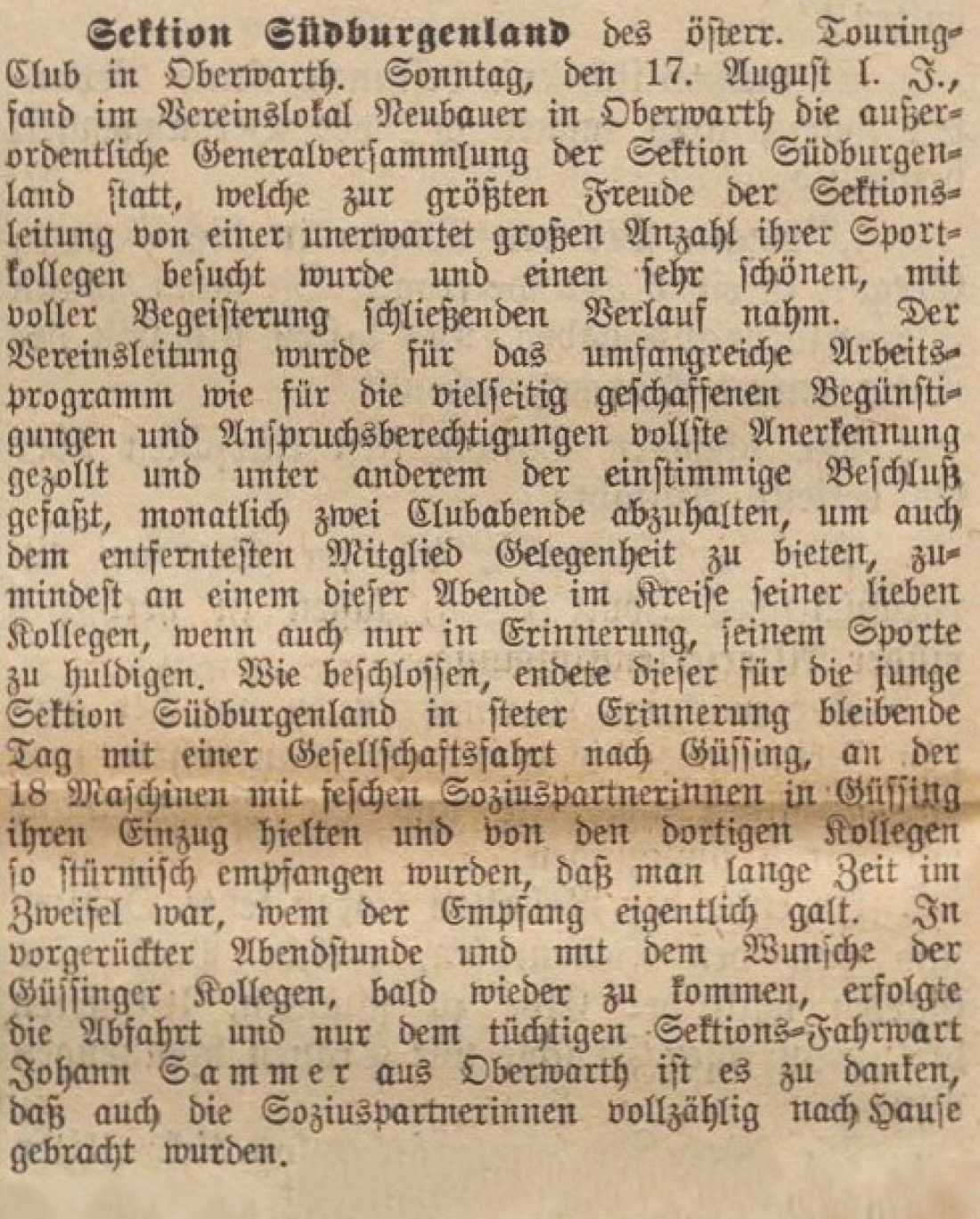Oberwarther = Sonntagszeitung vom 24. August 1930: Sektion Südburgenland des österr. Touring-Club in Oberwarth