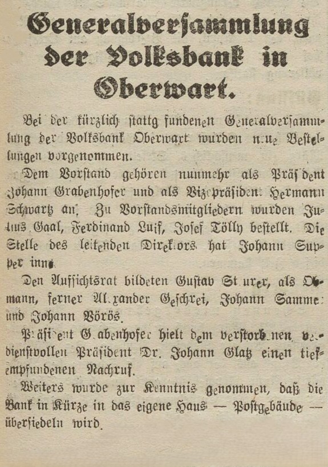 Oberwarter Zeitung vom 5. April 1953: Generalversammlung der Volksbank in Oberwart