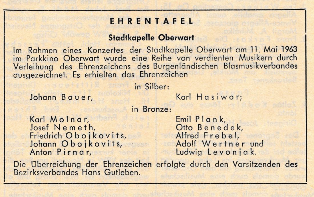 Stadtkapelle: Ehrentafel der im Jahre 1963 durch den BBV geehrten Musiker