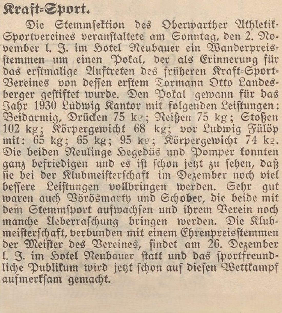 Oberwarther = Sonntagszeitung vom 16. November 1930: Wanderpreisstemmen des Oberwarther Athletik-Sportvereines