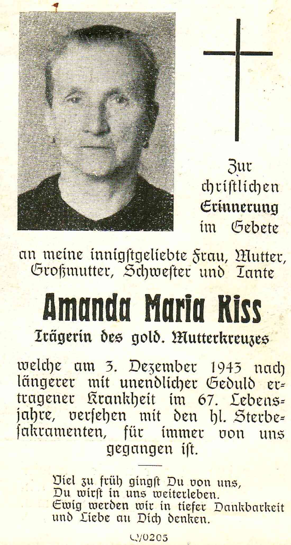 Sterbebildchen der Amanda Maria Kiss (geb. Huck) *1876/+1943