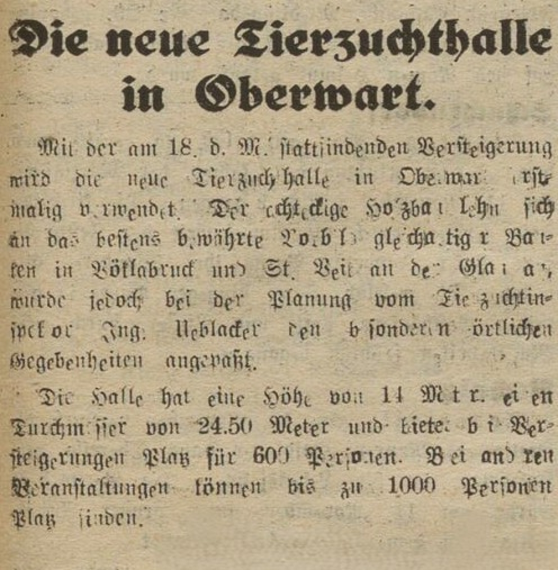 Oberwarter Zeitung vom 16. Novewmber 1952: "Die neue Tierzuchthalle in Oberwart" - Kurzbericht (Rotunde)