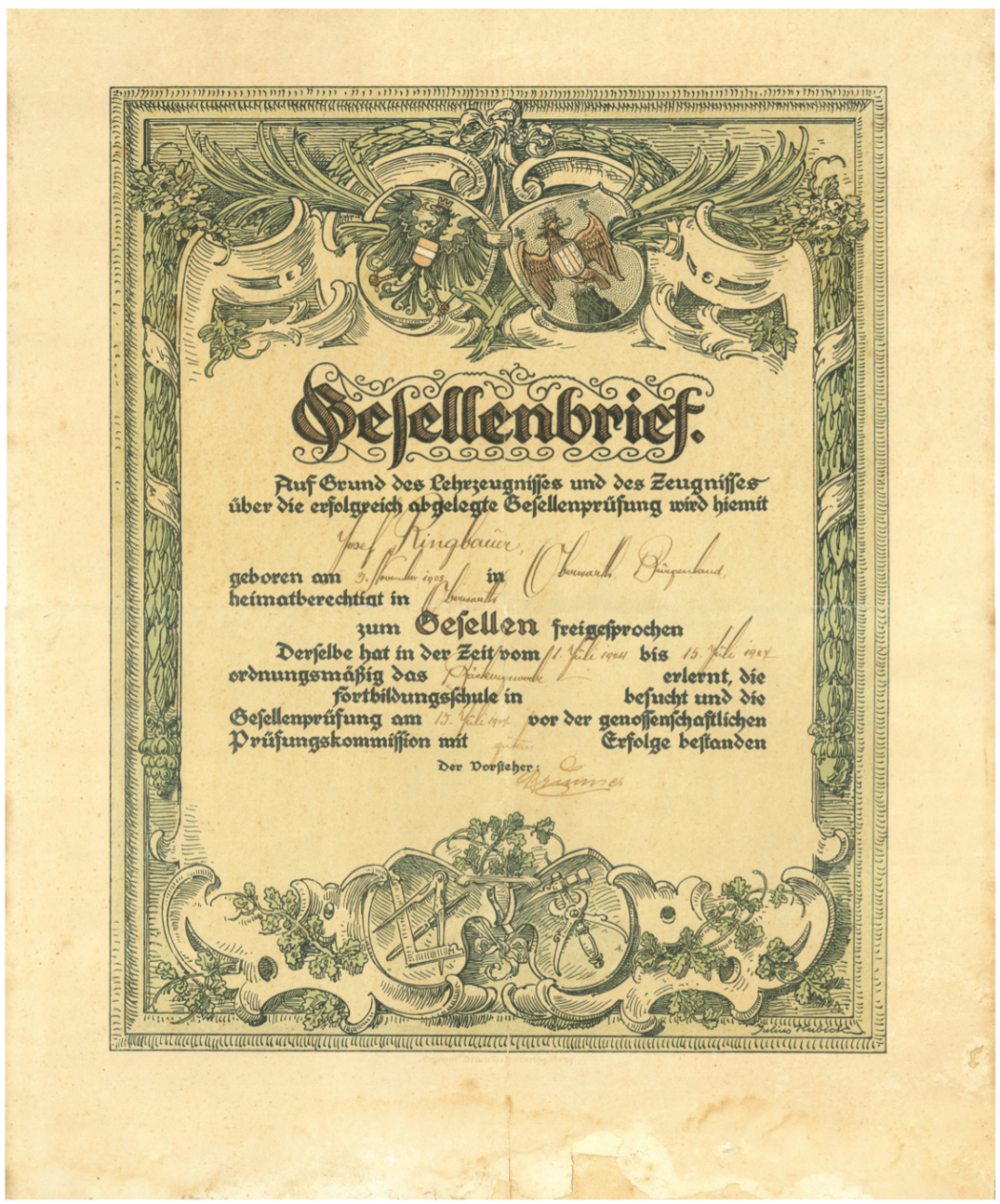 Gesellenbrief von Josef Ringbauer (Bäcker) - OW 87 / Steinamangererstraße 51
