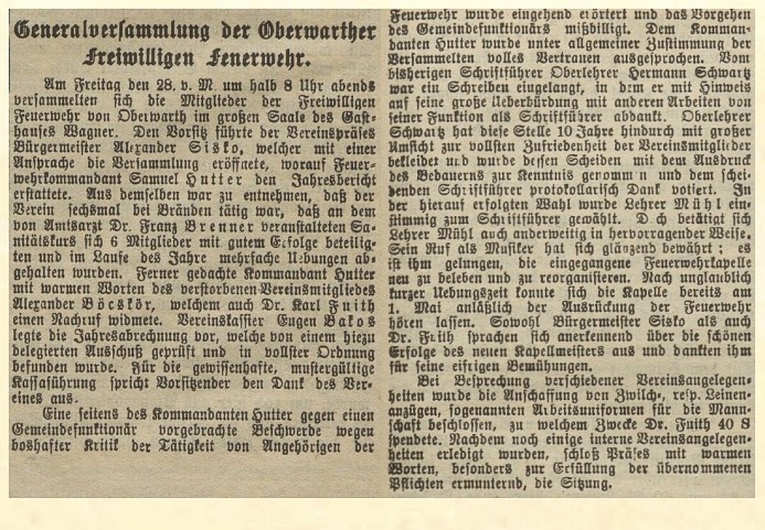 Artikel in der Oberwarther Sonntags = Zeitung vom 6. Mai 1918: Generalversammlung der Oberwarther Freiwilligen Feuerwehr