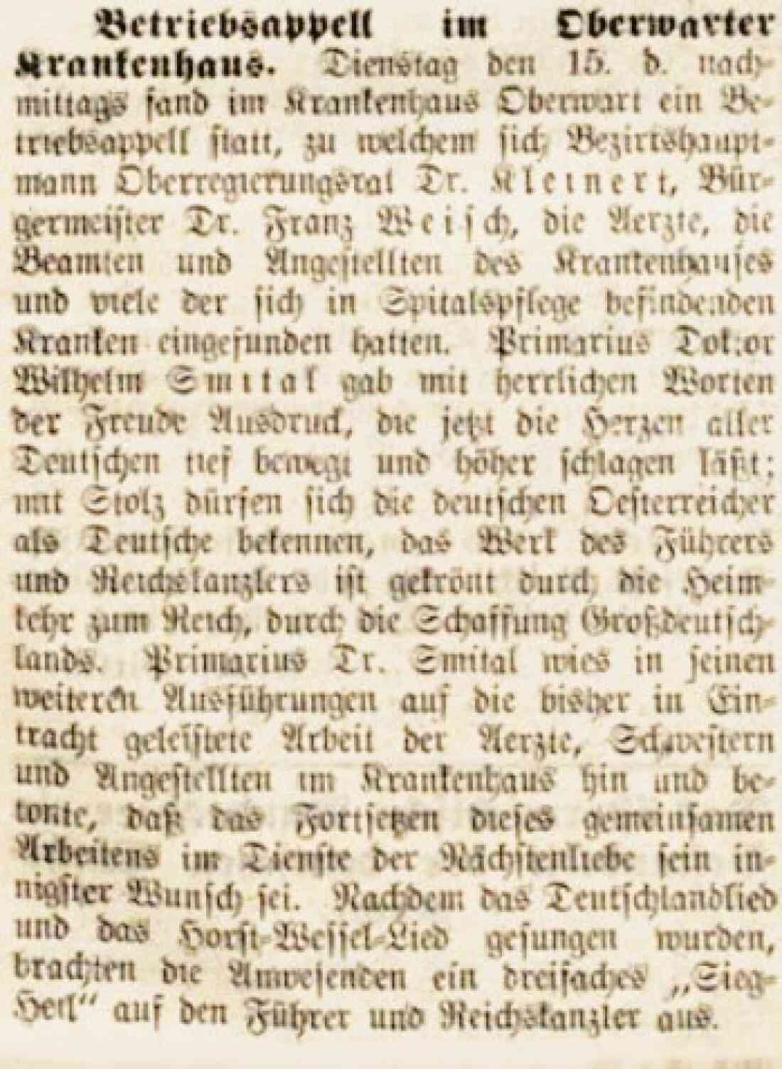 Oberwarther Sonntags-Zeitung vom 20. März 1938: Artikel über einen Betriebappell nach dem "Anschluss an das Deutsche Reich" im Krankenhaus Oberwart - Smital