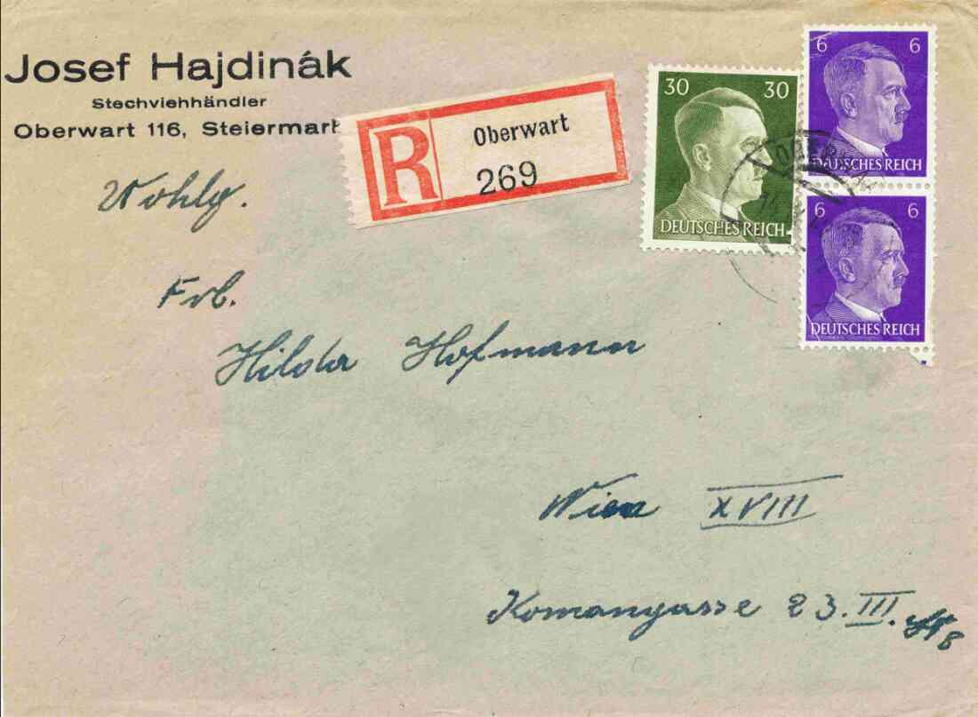 Briefkuvert aus dem Jahr 1942 (Deut. Reich - Hitlerzeit) an Frau Hilda Hofmann in Wien von Stechviehhändler Josef Hajdinak (*1899/+1953) - OW 116 / Am Telek 2a