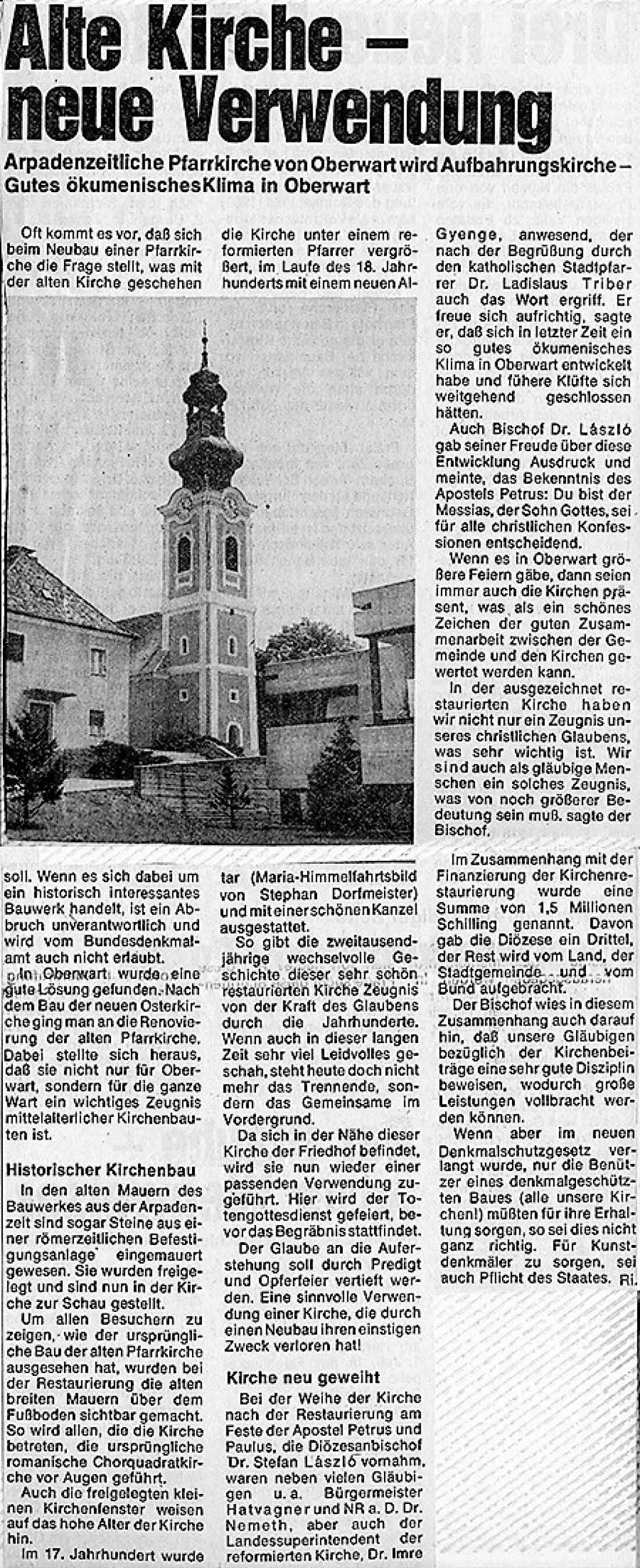 Artikel zur neuen Verwendung der ehemaligen röm. kath. Pfarrkirche