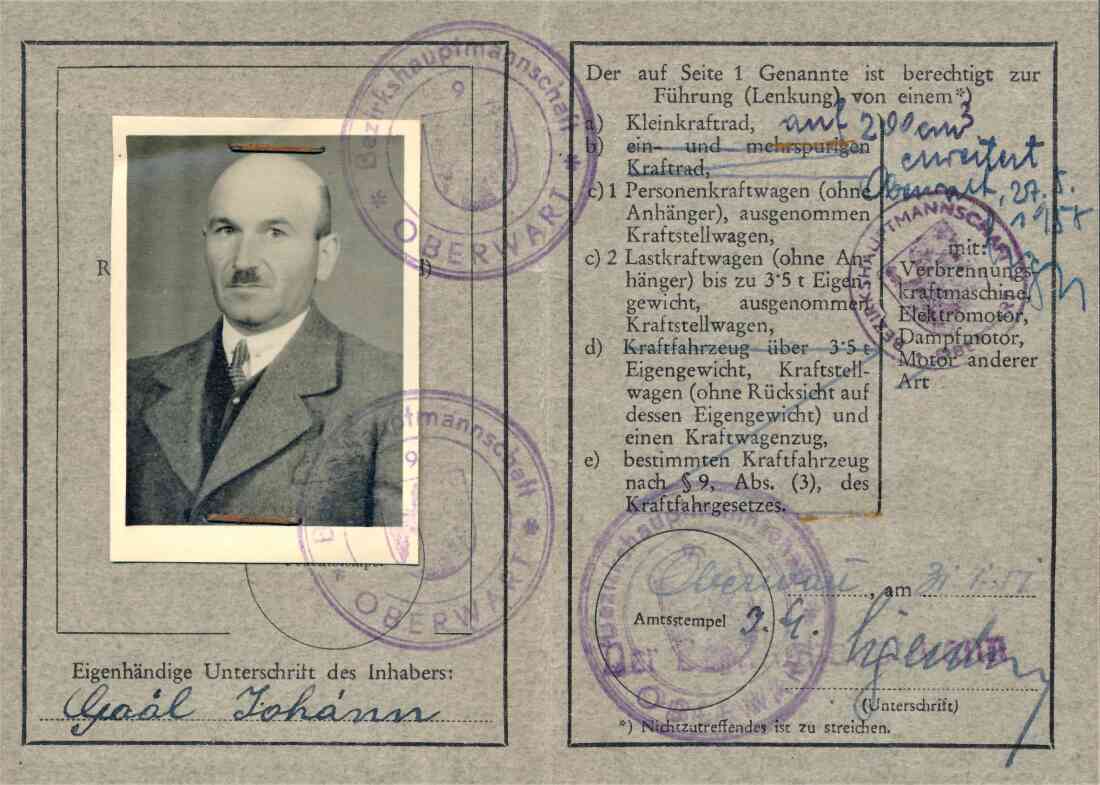 Führerschein des Herrn Johann (Janos) Gaal