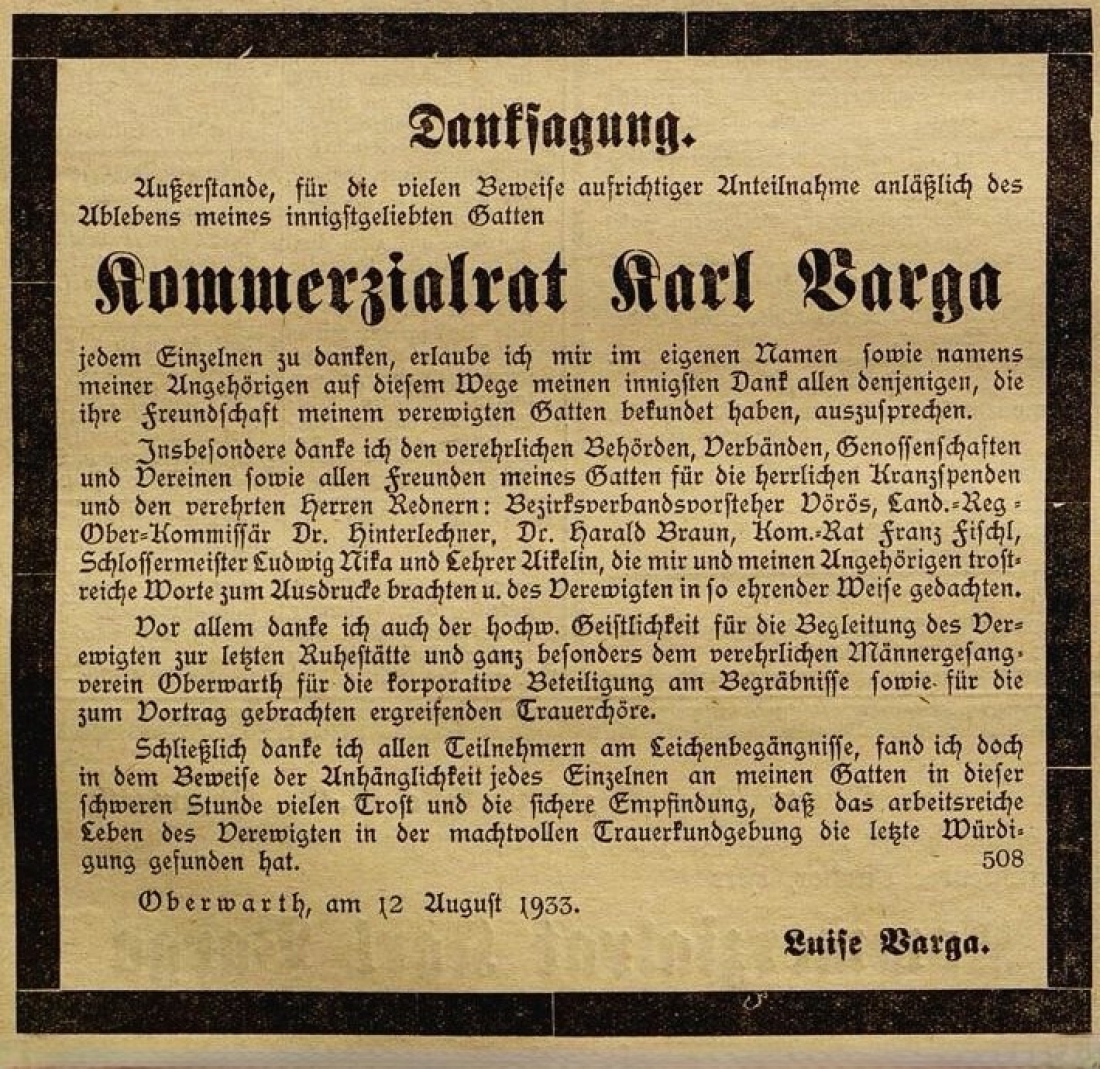 Danksagung der Witwe Luise Varga (*1991/+1937) anlässlich des Ablebens KR Karl Varga (*1885/+1933) in der Oberwarther Sonntags = Zeitung vom 13. August 1933