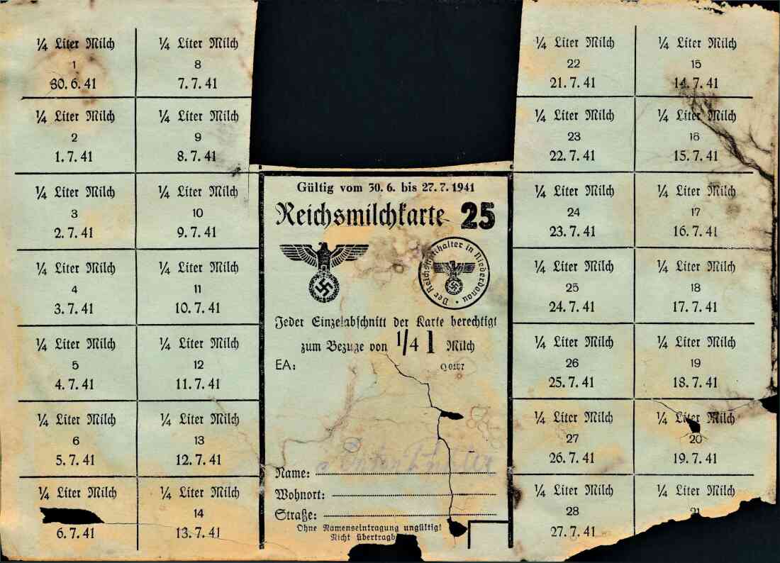 Reichsmilchkarte - gültig vom 30.6. - 27.7. 1941 zur Zuteilung von jeweils 1/4l Milch pro Tag