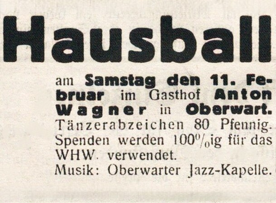 Anzeige in der Oberwarther Sonntags = Zeitung vom 22. Jänner 1939: Hausball im Gasthaus Anton Wagner - Hauptplatz 8