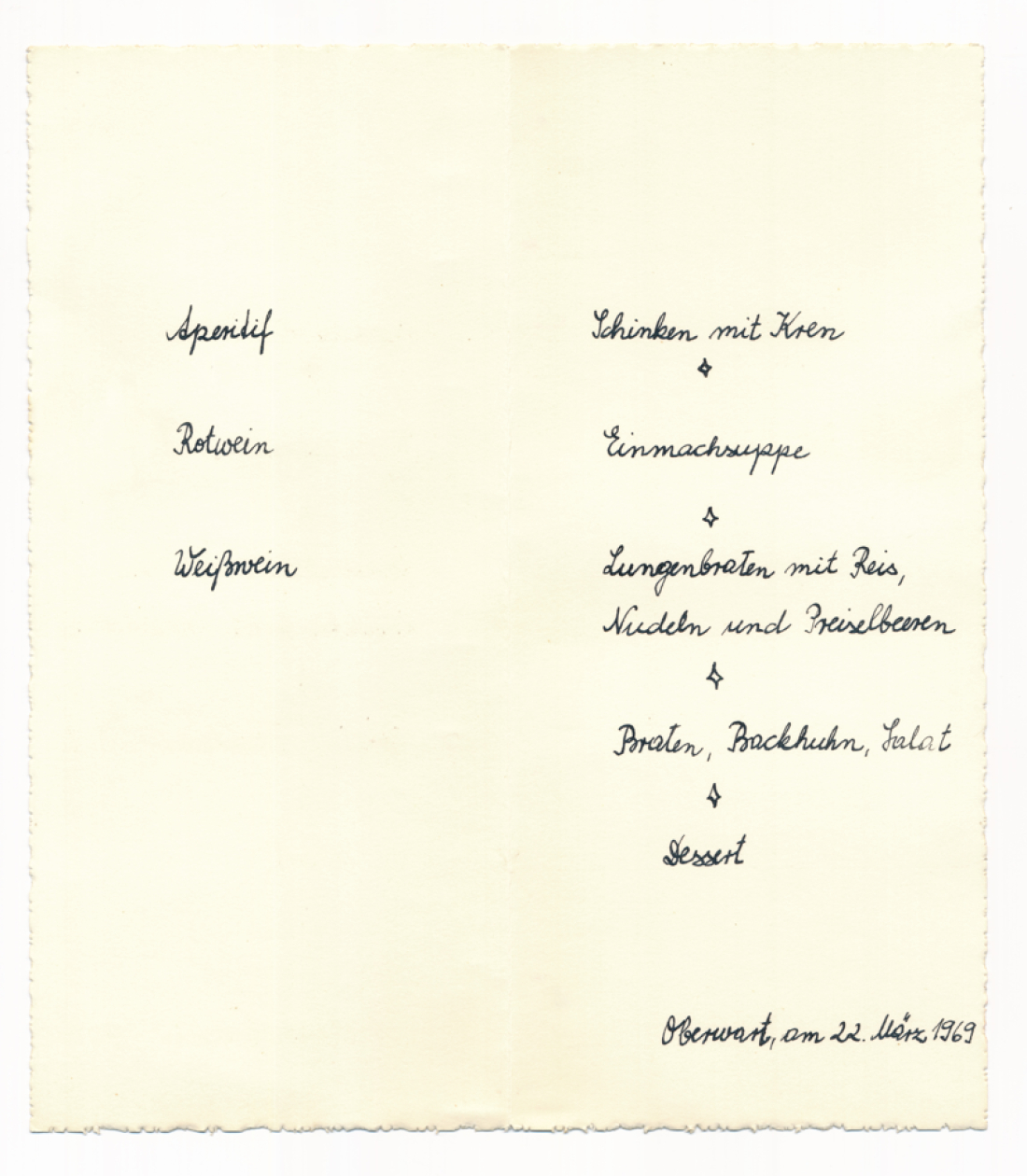 Menükarte eines Hochzeitsmahls