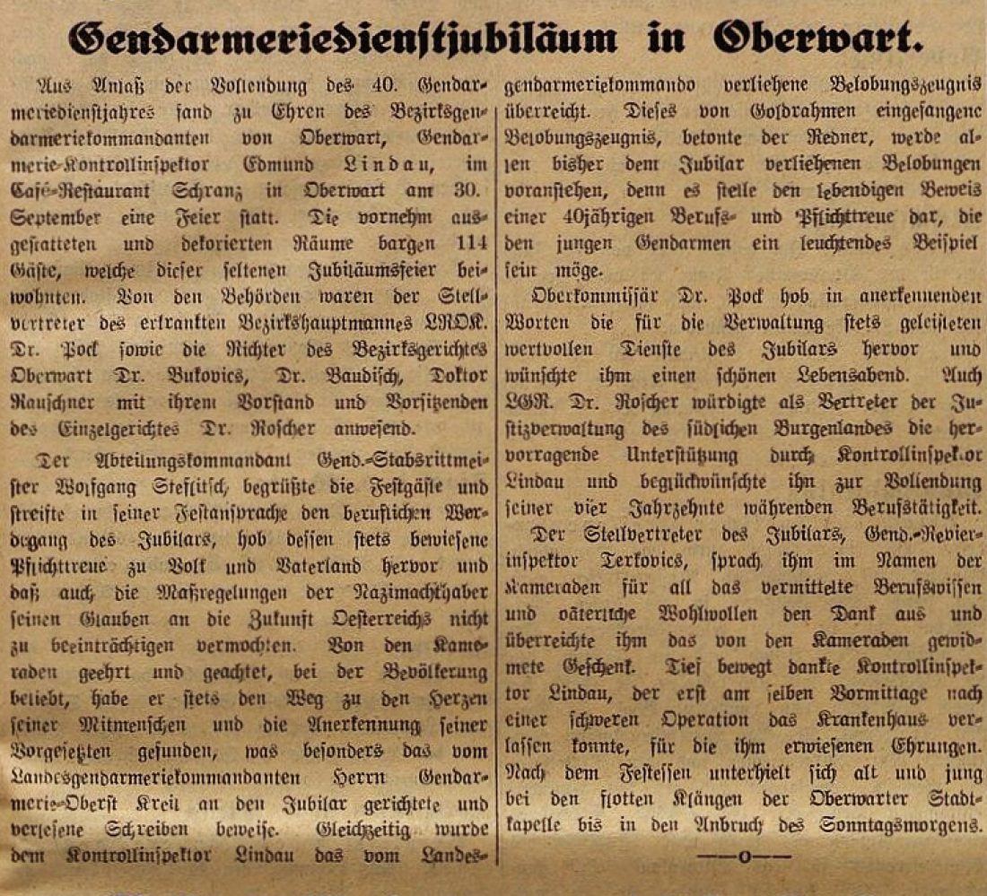 Edmund Lindau (*1886/+1956): 40-jähriges Gedarmerie-Dienstjubiläum / Bericht in der Oberwarter Zeitung vom 8. Oktober 1950